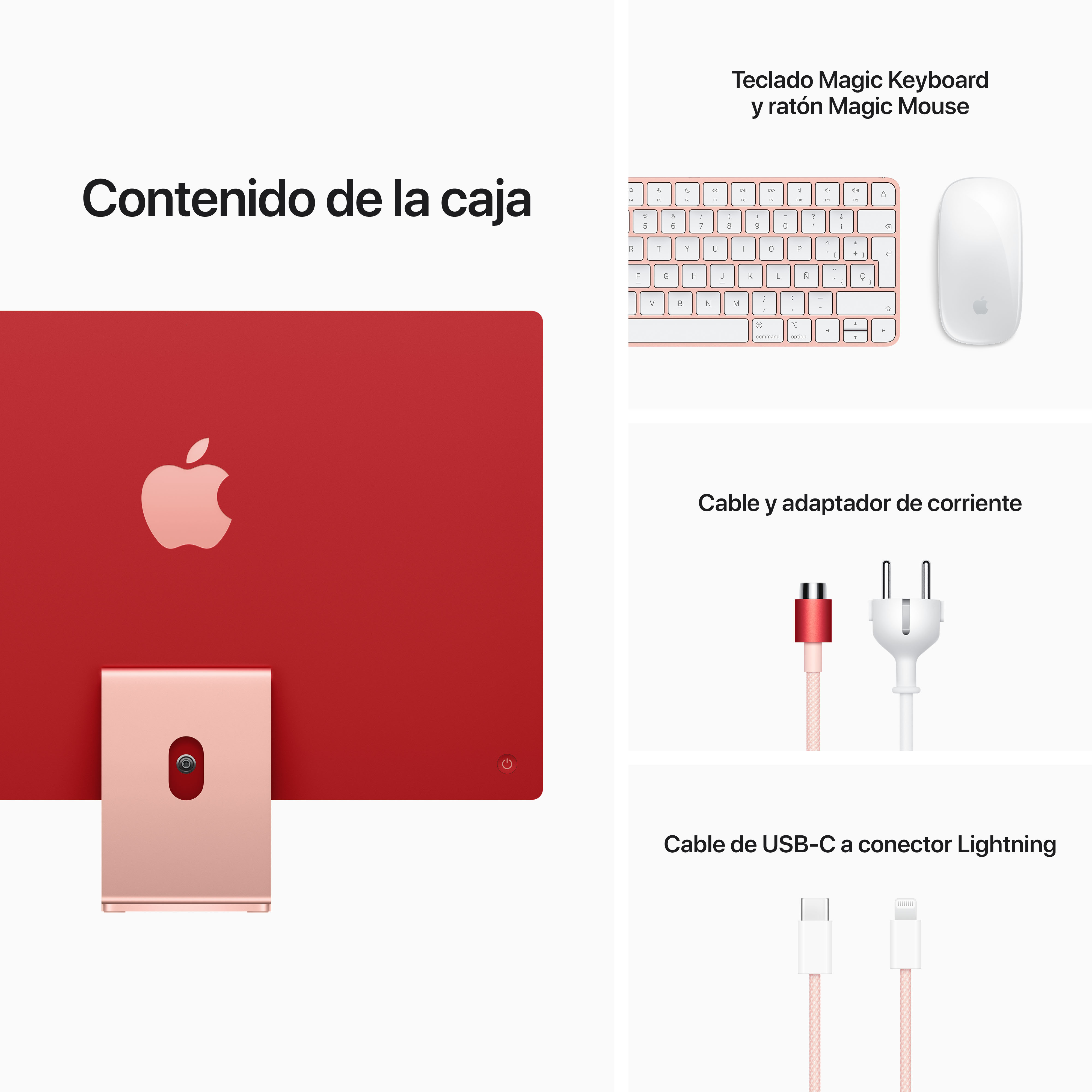 Una pantalla con componentes: teclado, ratón, cable y adaptador de corriente y cable USB.