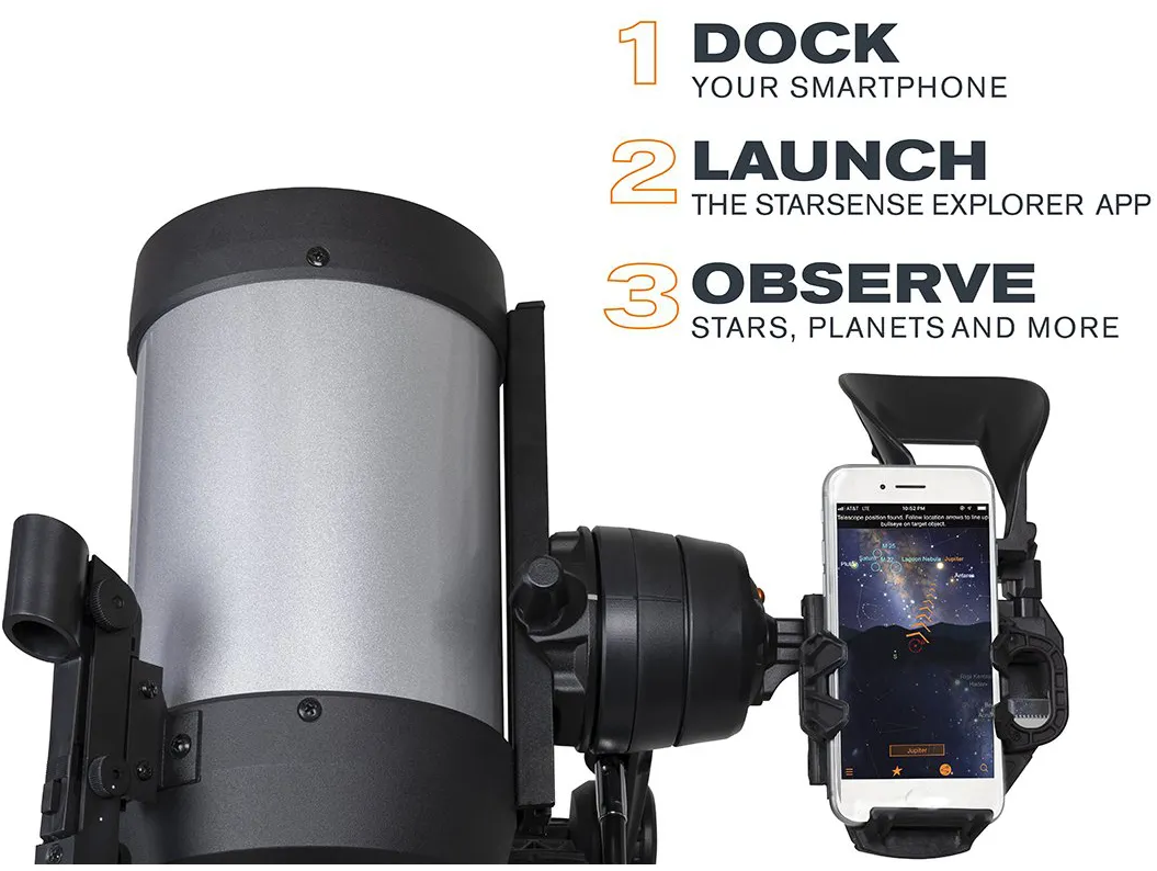 Télescope avec smartphone attaché. Instructions: Connecter, Lancer, Observer. Le téléphone affiche une carte stellaire. Texte: "Étoiles, Planètes et Plus".