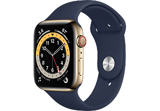 APPLE Watch Series 6 (GPS + Cellular) 44 mm - Smartwatch (140 - 220 mm, Fluorelastomer, Gold/Dunkelmarine)