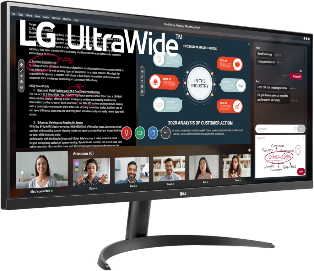 Moniteur LG UltraWide affichant une vidéoconférence et une présentation. Participants en bas.
