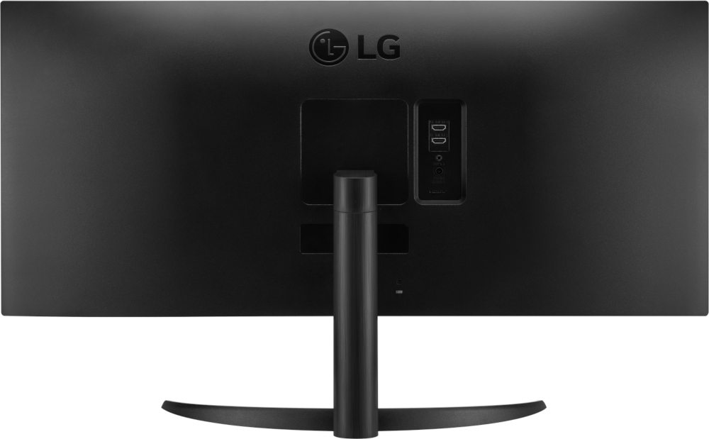 Arrière d'un moniteur LG noir. Comprend le logo LG, des ports et un support. Le support est incurvé et noir.