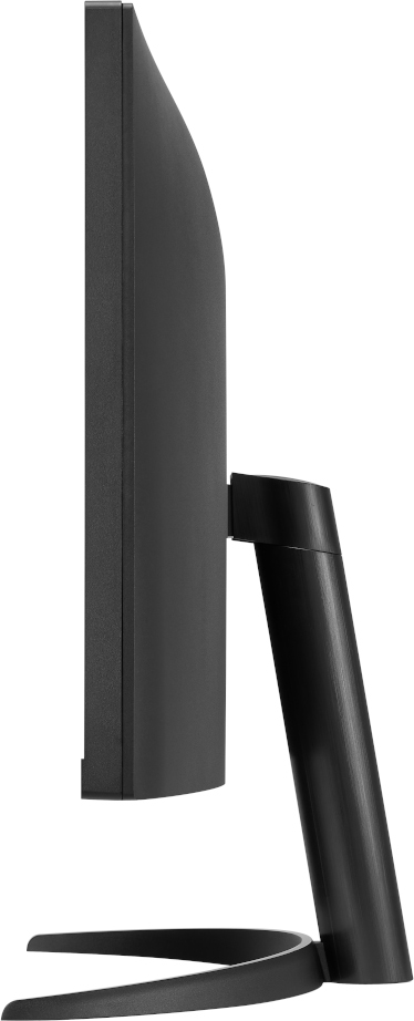 Un moniteur d'ordinateur noir est montré de profil. L'écran est à gauche, soutenu par un support avec une base incurvée.
