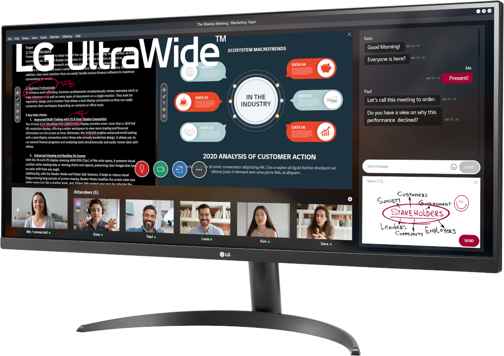 Le moniteur LG UltraWide affiche une réunion. Des personnes sont à l'écran. Un diagramme montre 'Stakeholders'. Texte et graphiques visibles.