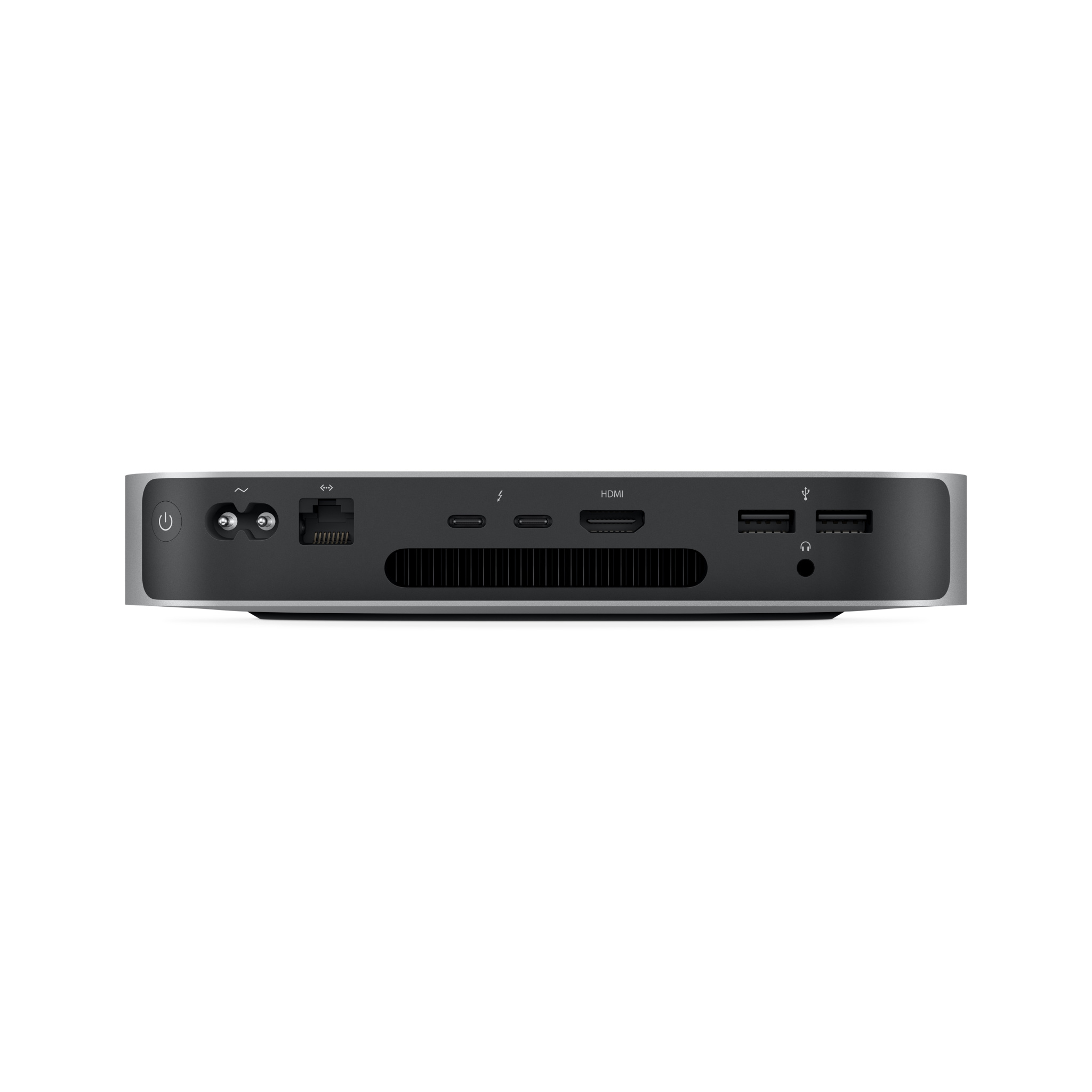 Ein silberner Mac Mini-Computer wird von vorne gezeigt. Zu den Anschlüssen gehören Strom, Ethernet, USB und HDMI.