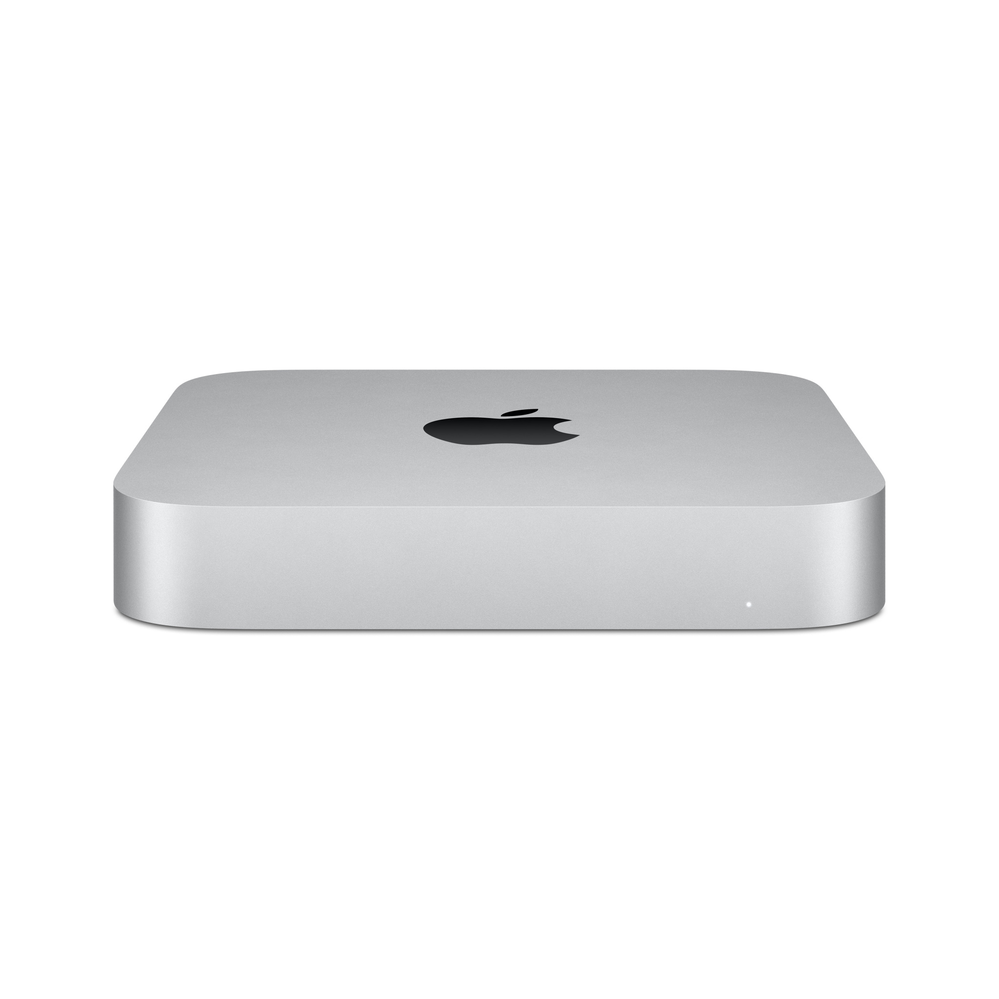 Silberner Apple Mac Mini, ein kleiner quadratischer Computer, mit dem Apple-Logo und einer kleinen Kontrollleuchte.
