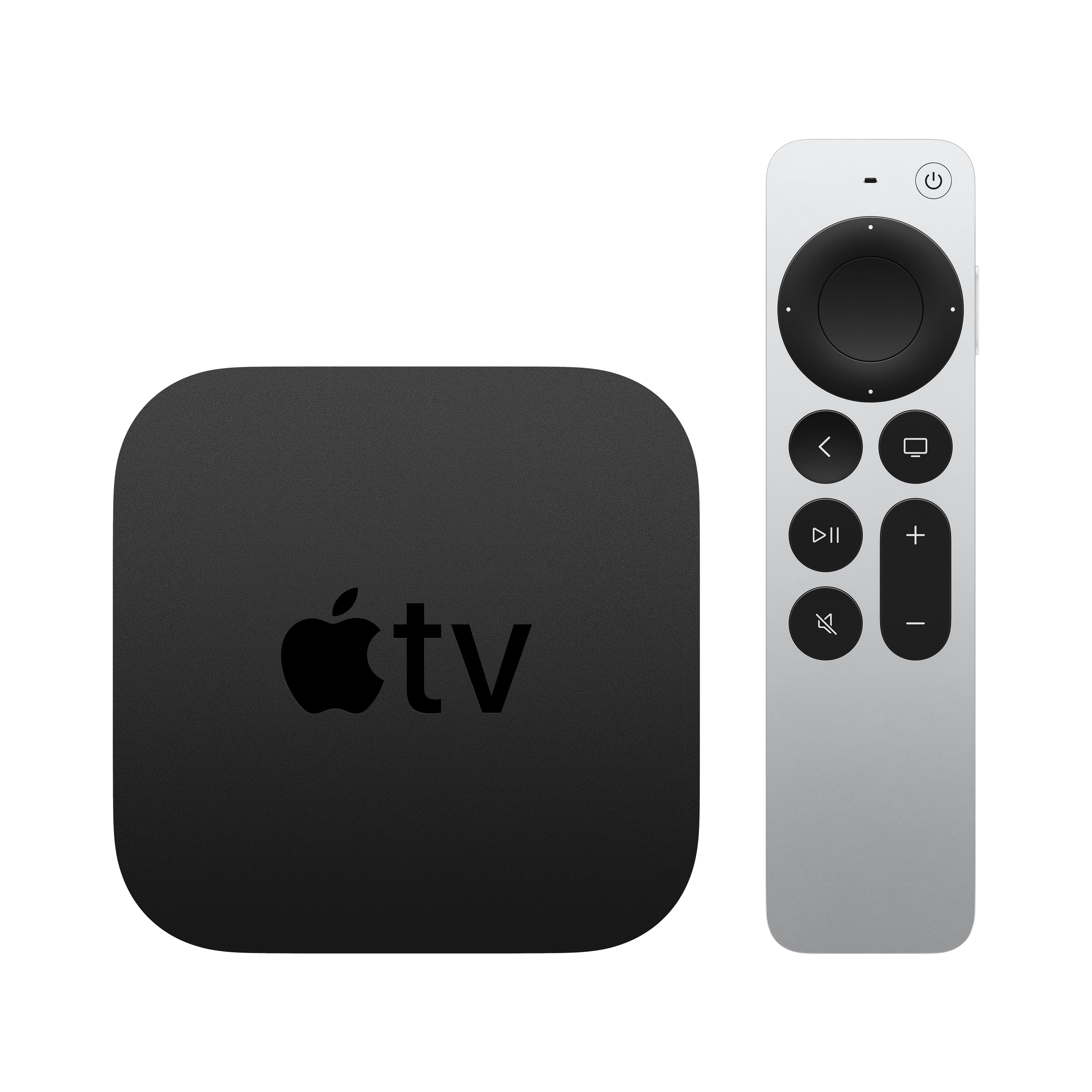 Apple TV y mando a distancia sobre fondo negro. El dispositivo es negro con el logo de Apple, el mando es plateado y negro.