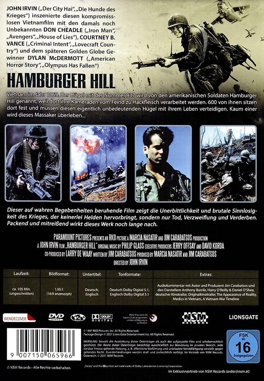DVD-Rückseite mit Text und Bildern aus dem Film 'Hamburger Hill'.