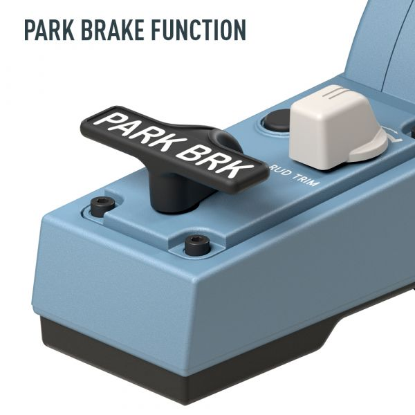 Primo piano di un pannello di controllo di un aereo blu con la scritta 'PARK BRK'.
