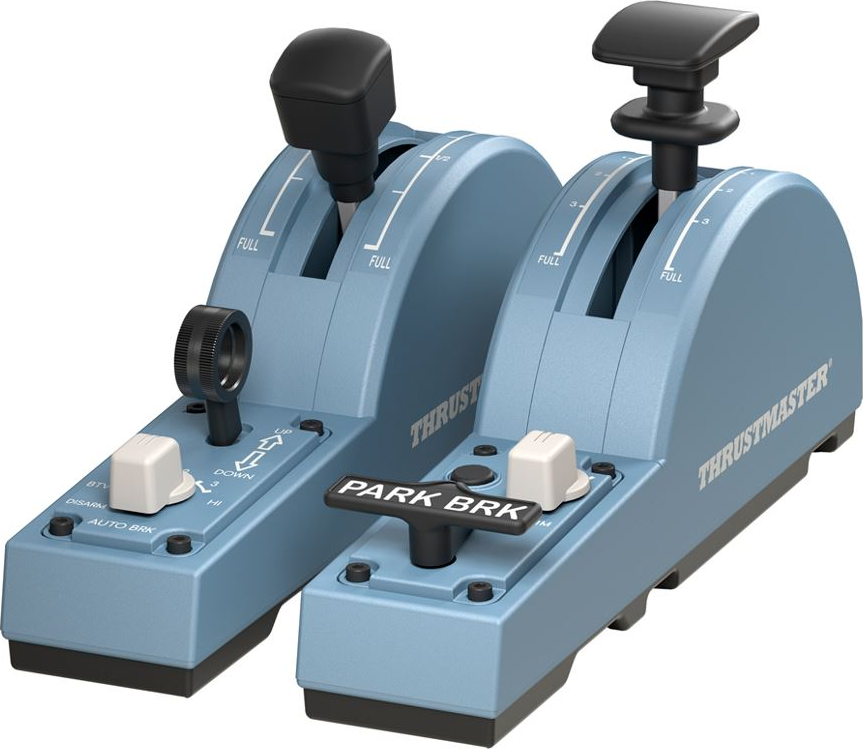 Due leve di controllo di volo Thrustmaster blu con vari pulsanti e interruttori.