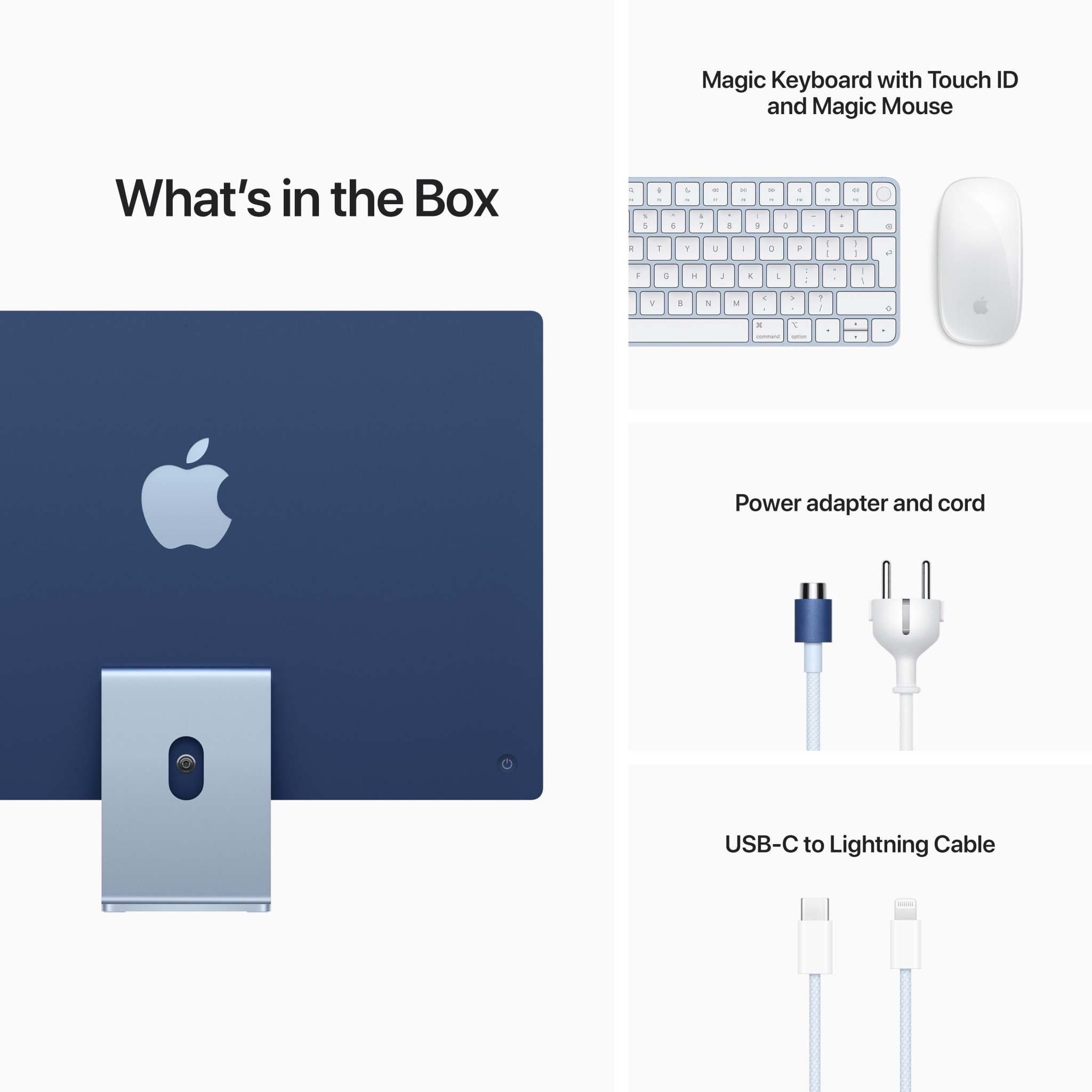 Ein iMac-Setup mit Tastatur, Maus, Netzteil und Kabel. Weißer Hintergrund.
