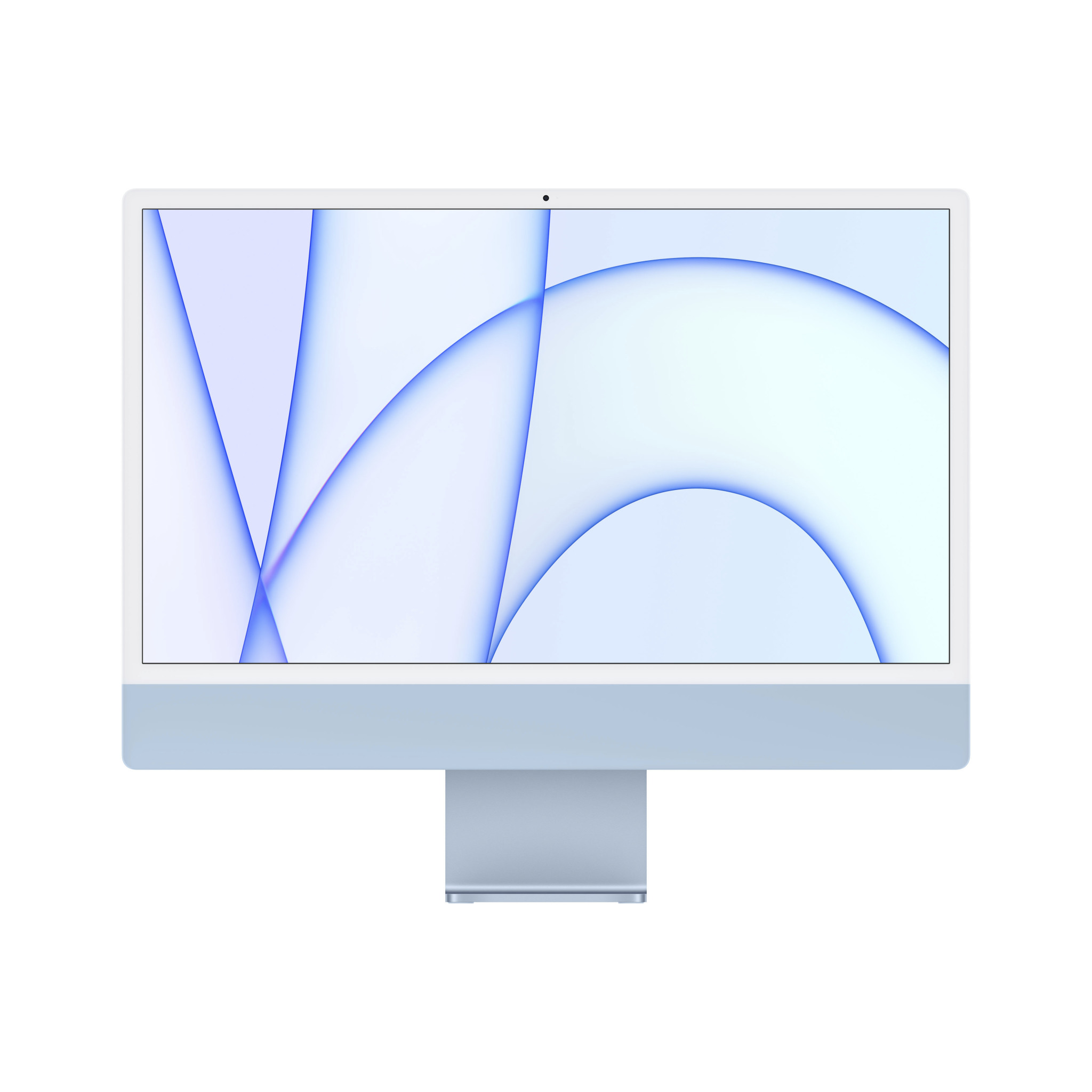 Blau-weißer iMac, Vorderansicht, mit farbenfrohem Display.