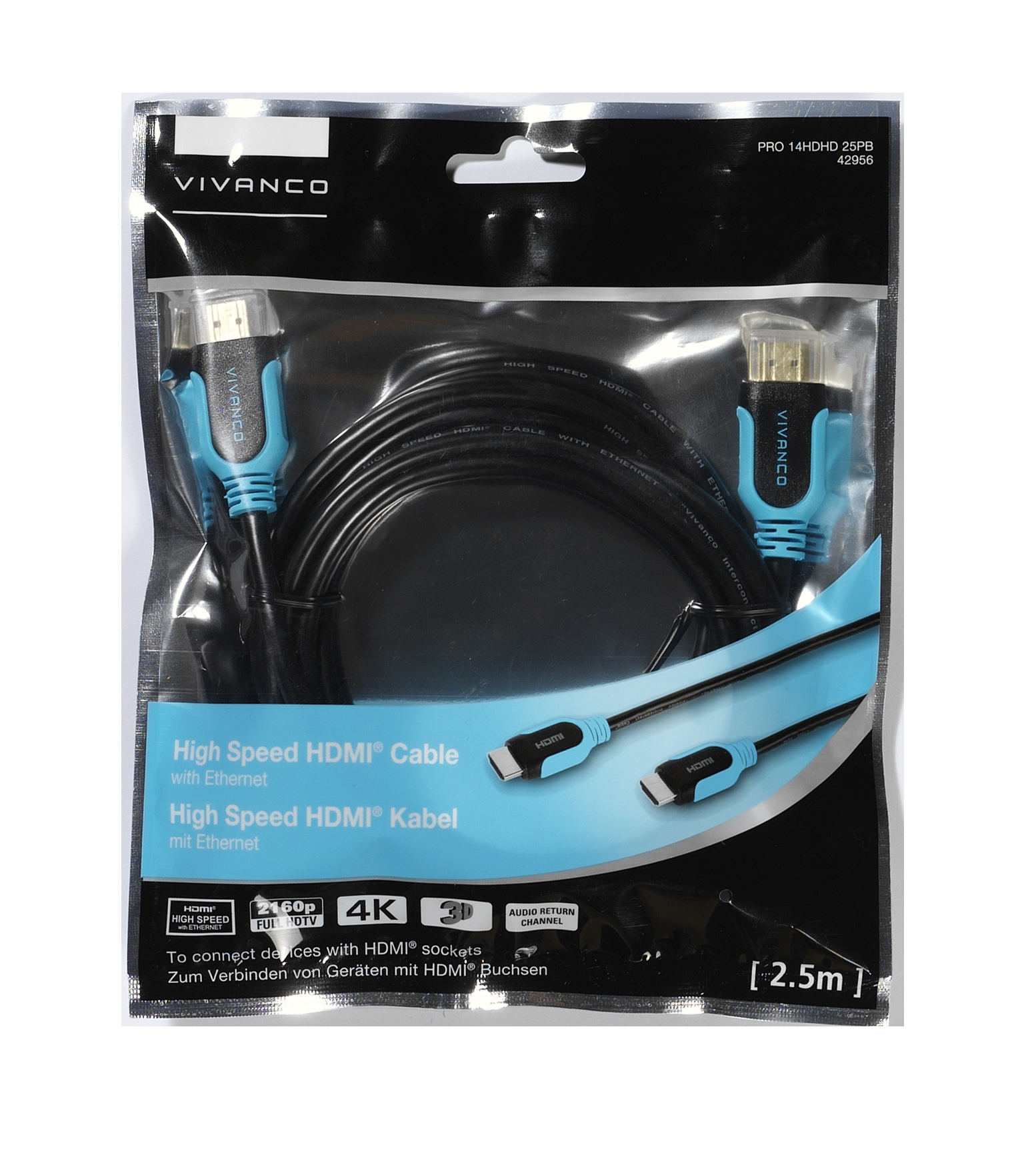 Ein High-Speed-HDMI-Kabel in einer Kunststoffverpackung. Die Verpackung hat Text und Abbildungen.