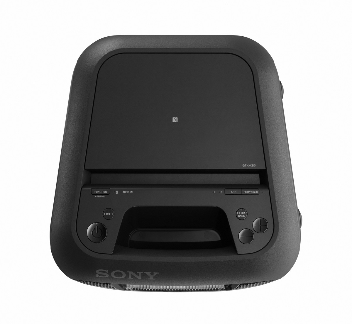 Un altavoz Sony negro con botones de control en la parte superior.