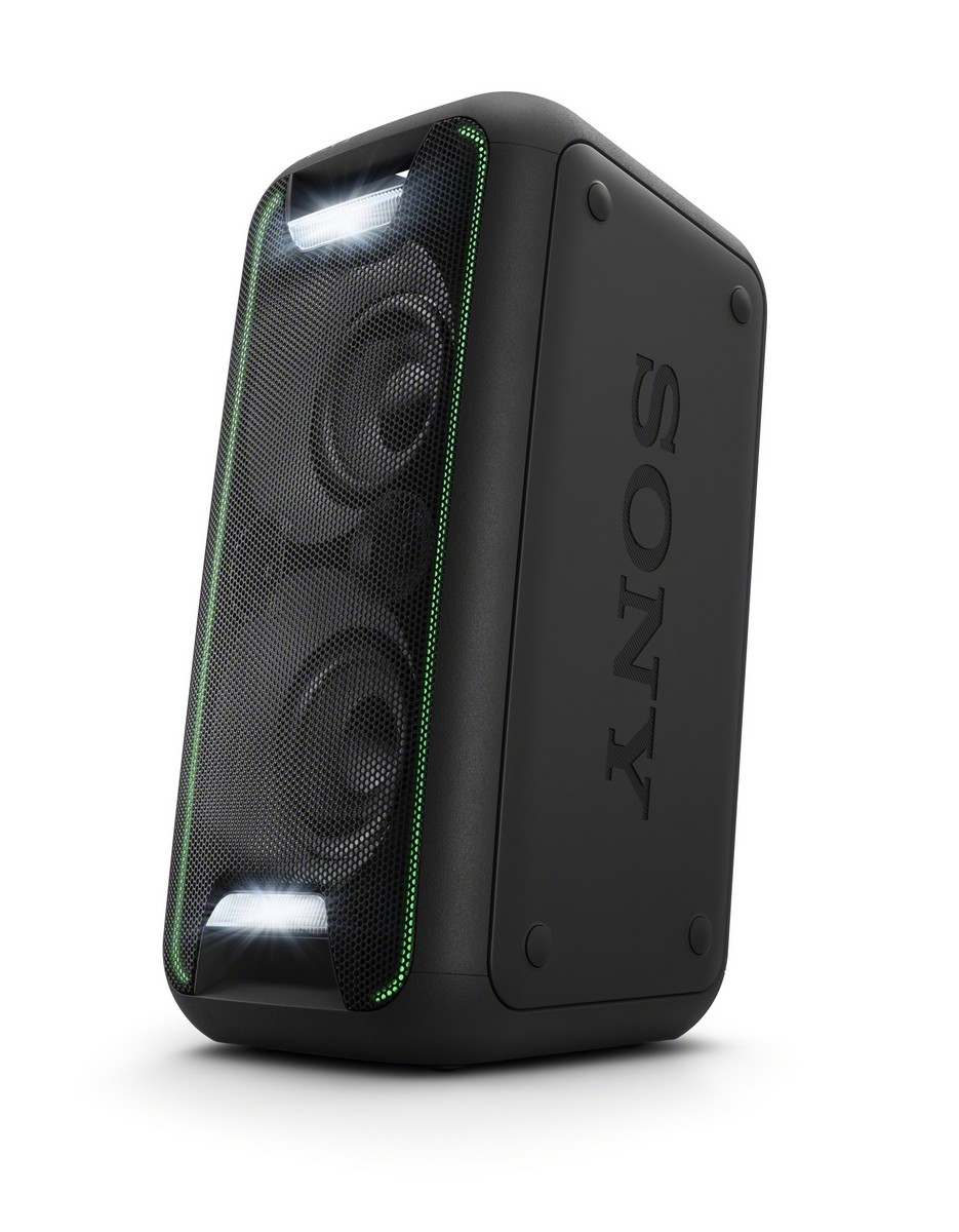 Altavoz Sony negro. Frente de malla con luces, logo Sony en el lateral.