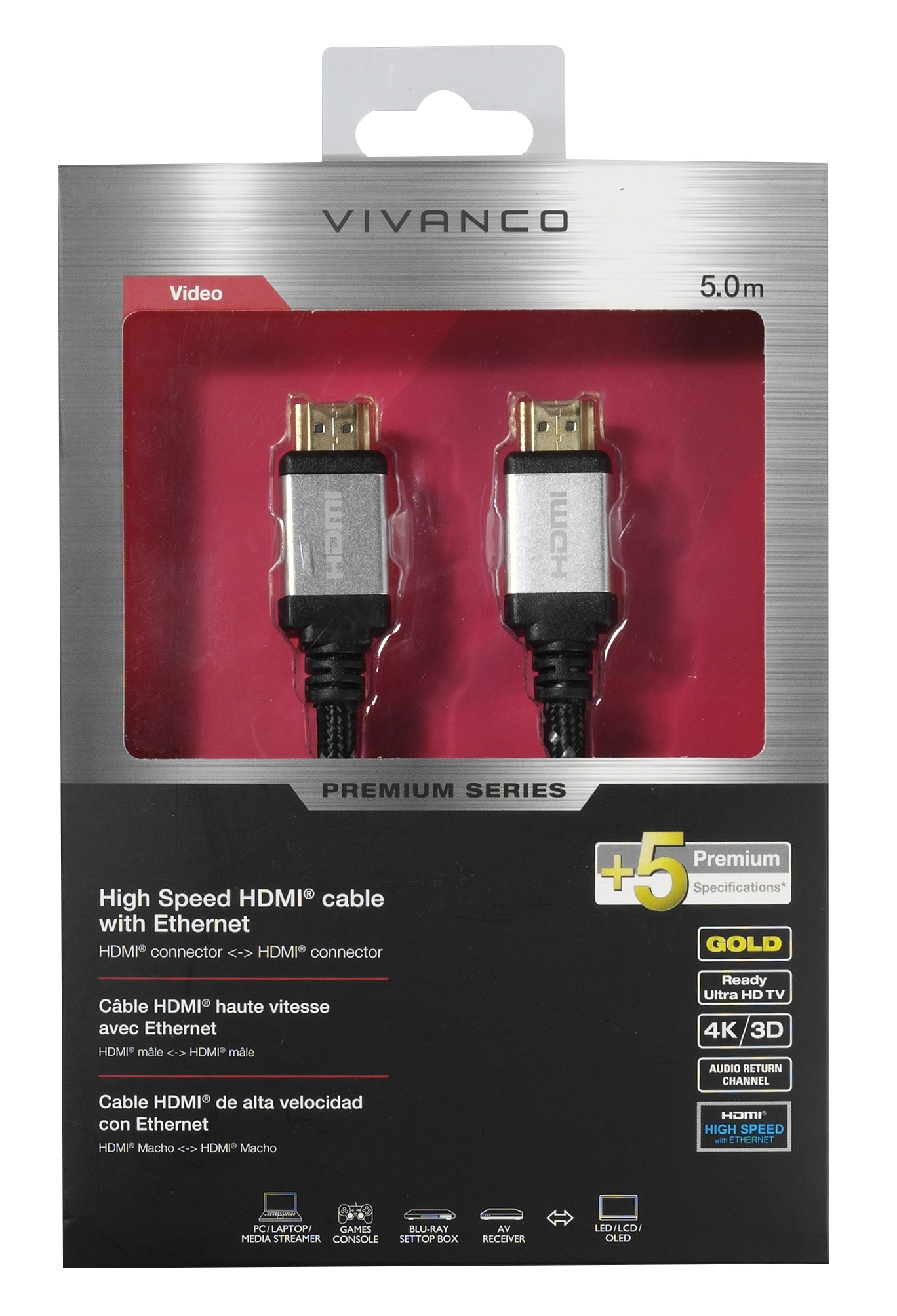 Eine Vivanco HDMI-Kabelverpackung. Das Paket ist grau mit einem roten Innenelement und HDMI-Anschlüssen.