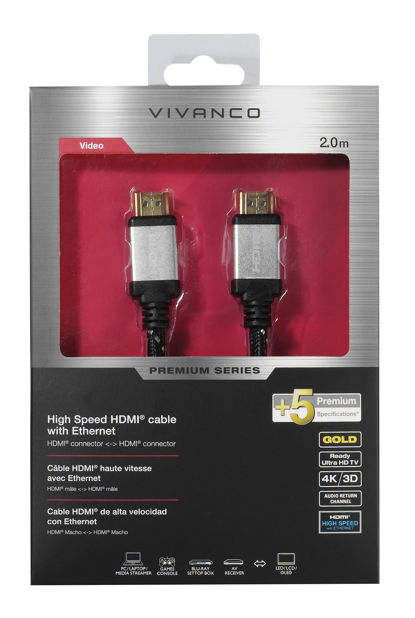 Eine Vivanco HDMI-Kabelverpackung mit rotem Hintergrund und den Anschlüssen des Kabels.