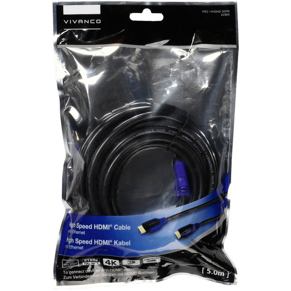 Eine transparente Plastiktüte verpackt ein schwarzes HDMI-Kabel mit blauen Steckern.