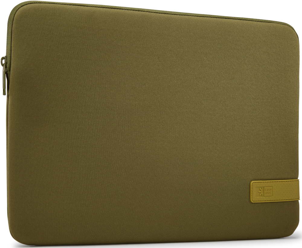An olive green laptop sleeve. It has a zipper, a Case Logic logo, and a small accent.