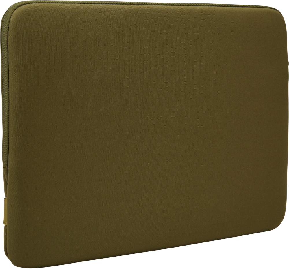 An olive-green laptop sleeve. It has a zipper and a simple design.