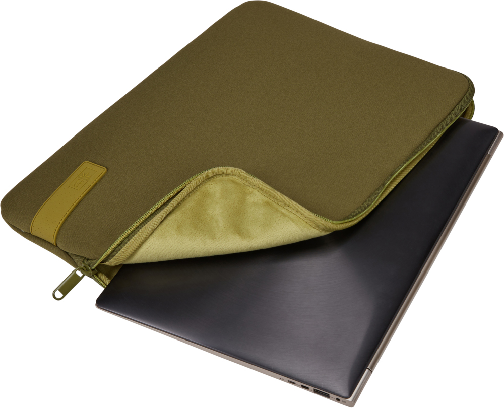 A laptop inside an olive green sleeve case with a yellow zipper.
