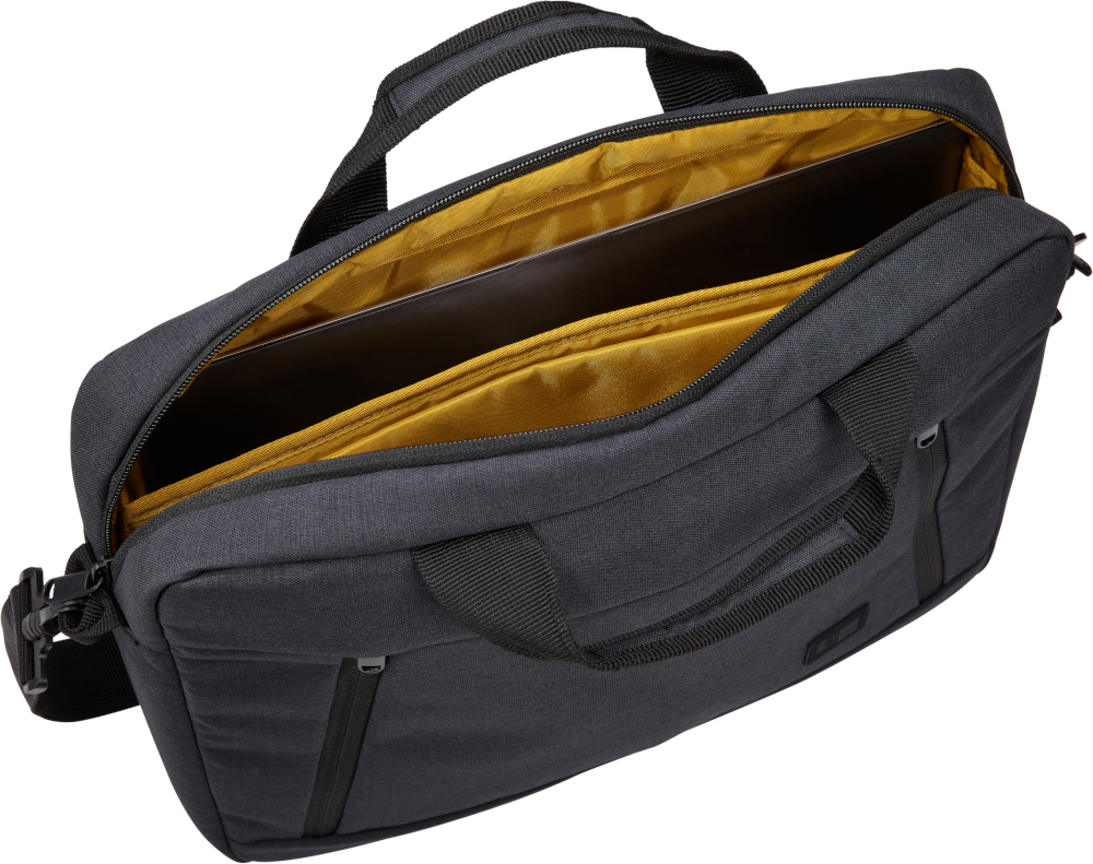 Sacoche pour ordinateur portable noir ouvert avec intérieur jaune. Un ordinateur portable à l'intérieur.