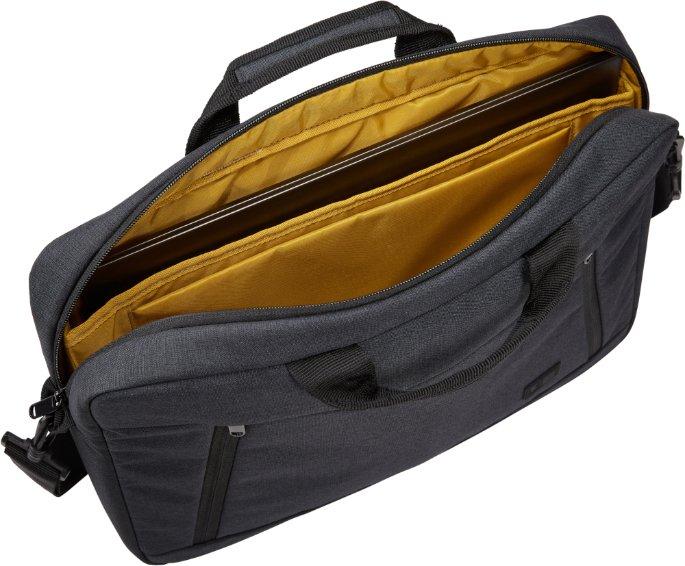 Open laptoptas. Zwart, met gele binnenkant. Handvat en rits. Witte achtergrond.