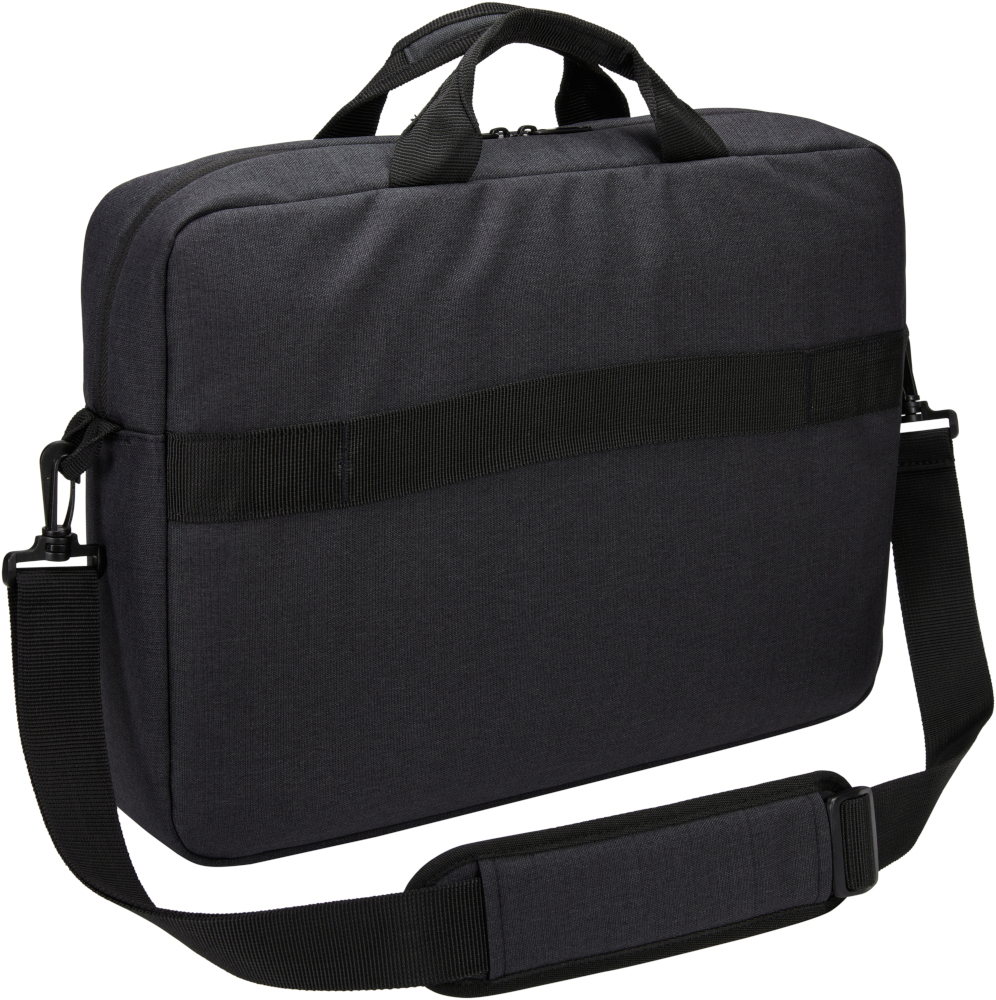 Zwarte laptoptas met handvat, schouderriem en zwarte horizontale riem. Zwarte achtergrond.
