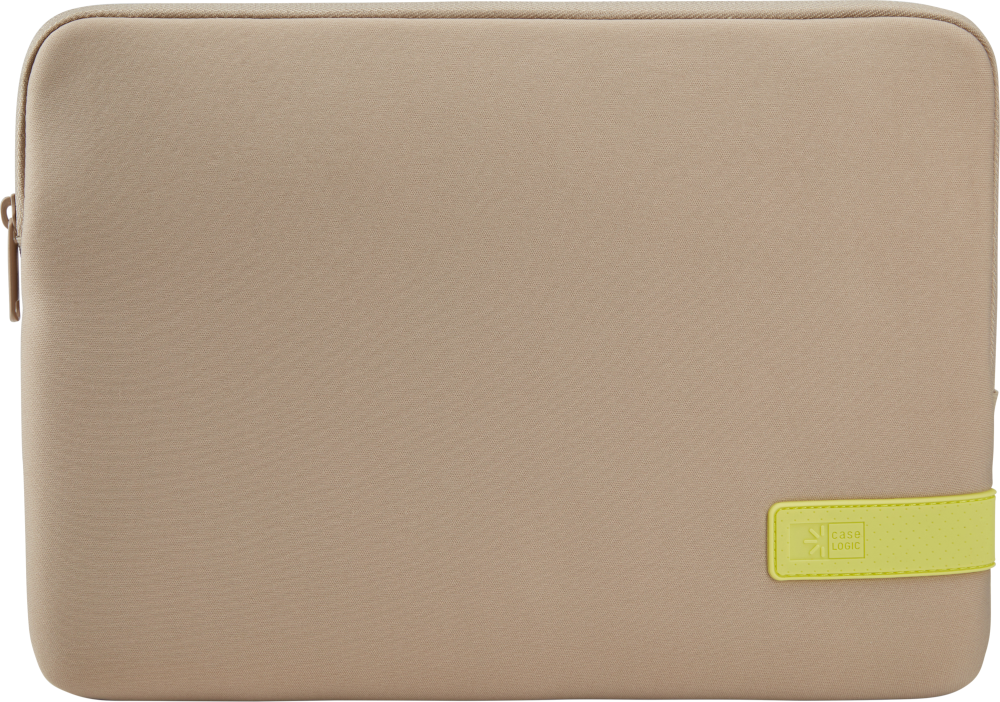 Housse pour ordinateur portable beige avec une étiquette Case Logic jaune. Fermeture éclair visible en haut.