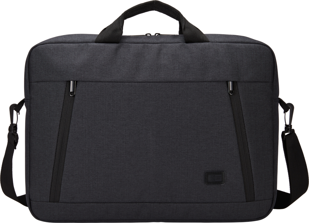 Donkergrijze laptoptas met schouderriem en twee ritsen vooraan. Een klein logo onderaan.