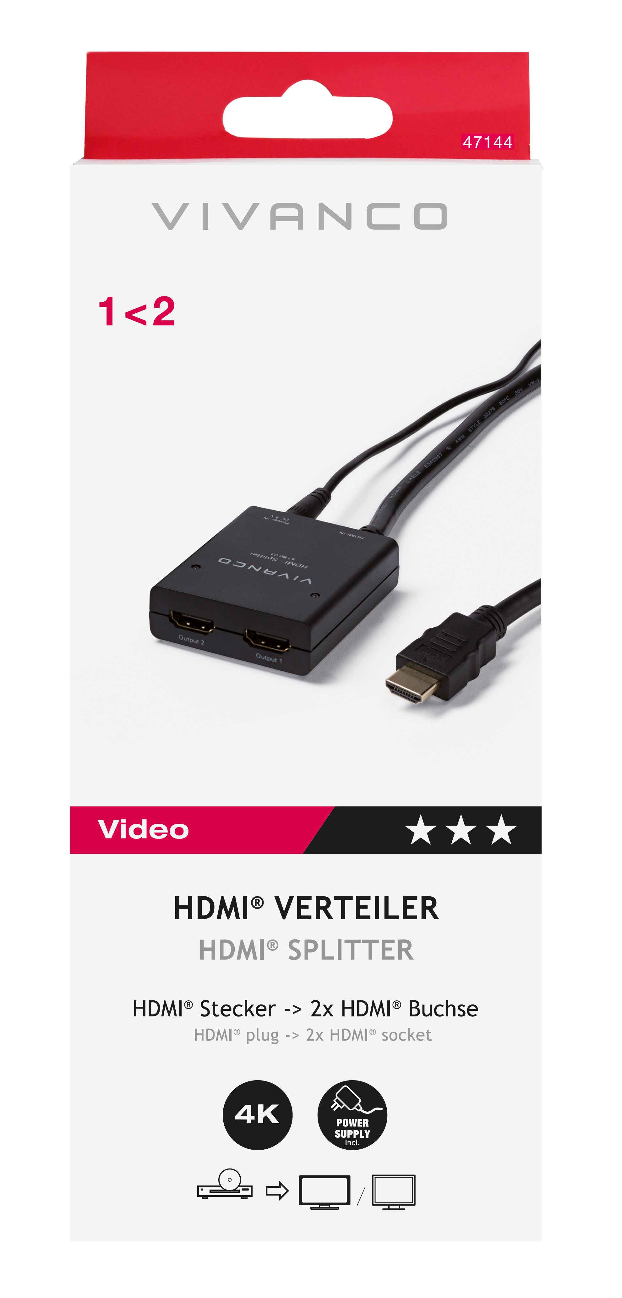 HDMI-Splitter-Verpackung mit Produktdetails. Schwarzer Splitter mit Kabeln. Weißer und roter Hintergrund.