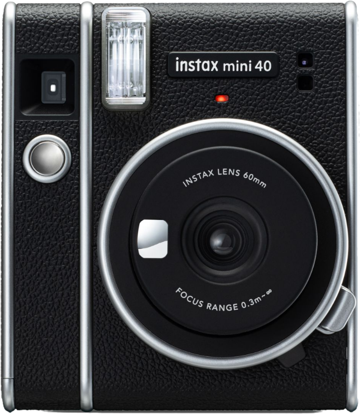 Zwarte instax mini 40 camera, met zilveren details. Voorzien van lens, flitser en focusbereik.
