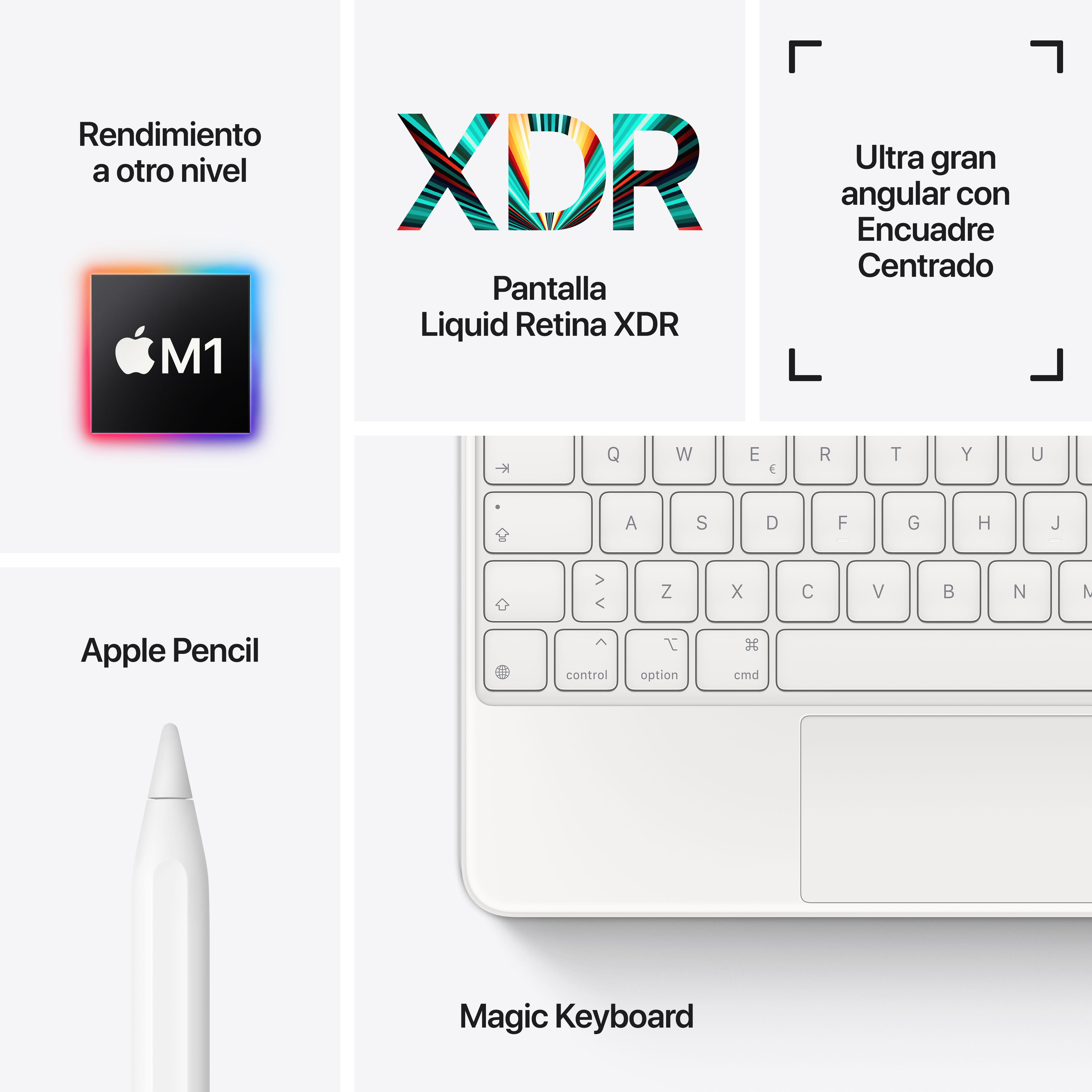 Un collage con chip M1, Apple Pencil, teclado y texto.