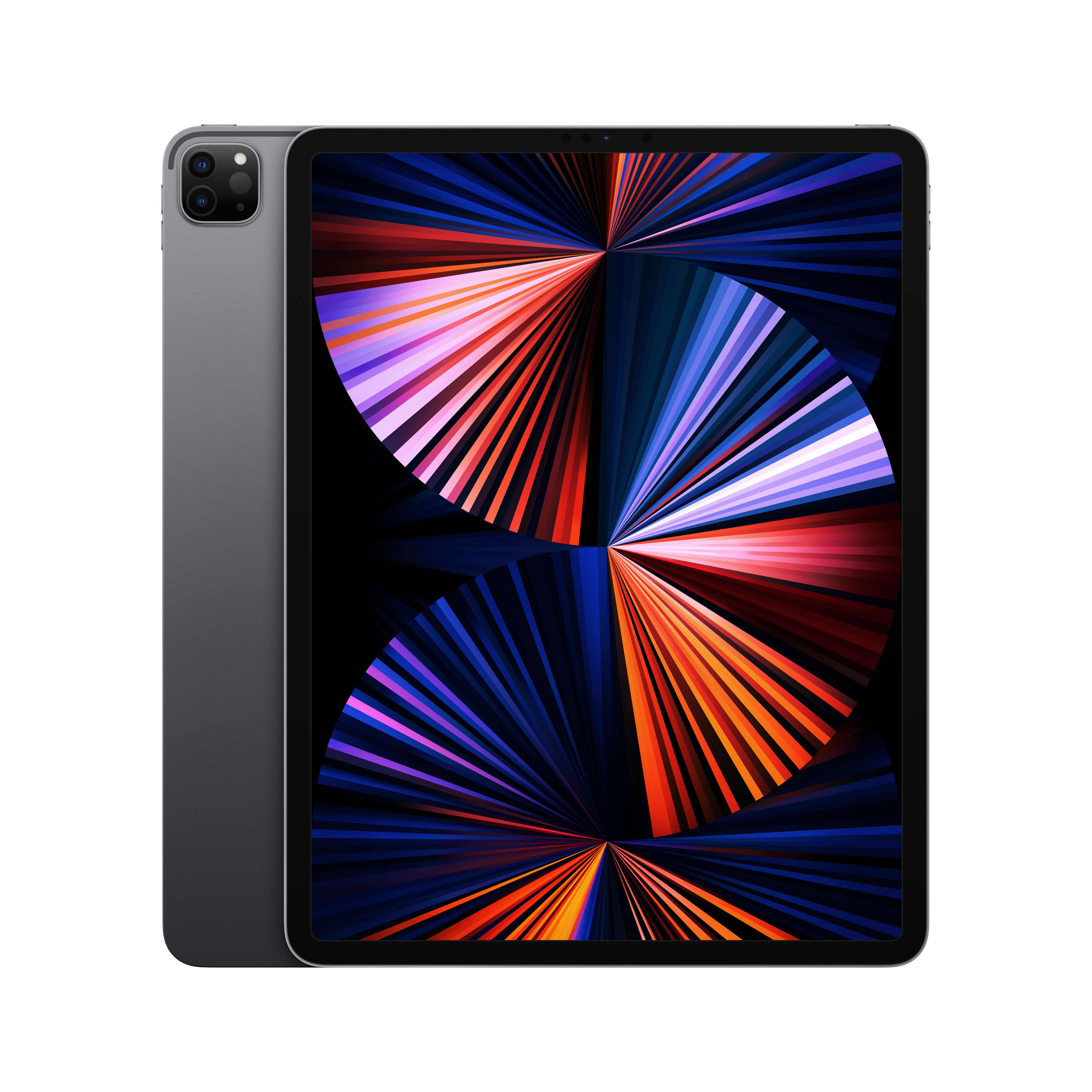 Un iPad Pro gris de Apple con pantalla colorida sobre fondo negro.
