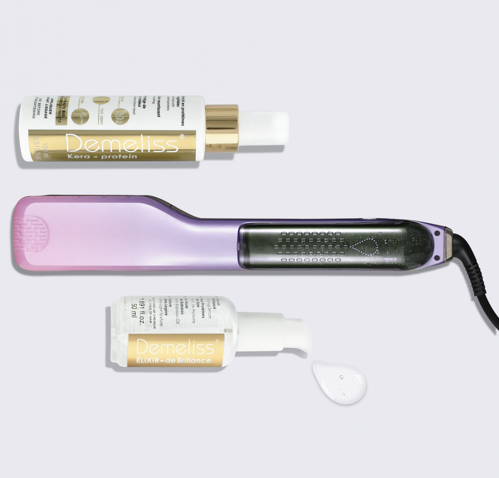 Hair styling products and a hair straightener on a white background. Purple and white details.