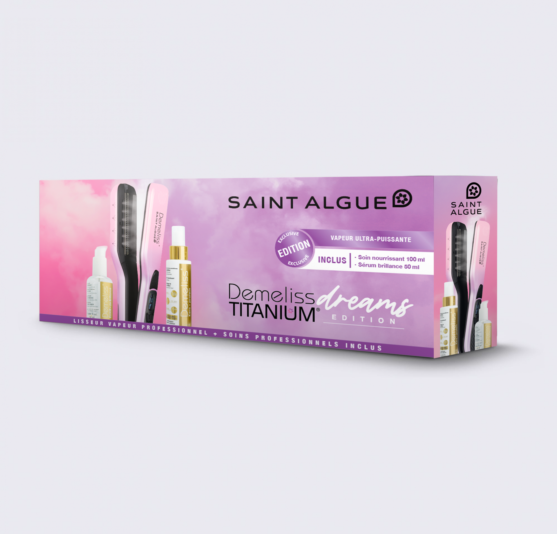 Pink and white Saint Algue hair styling kit with hair straightener, serum, and other hair products.