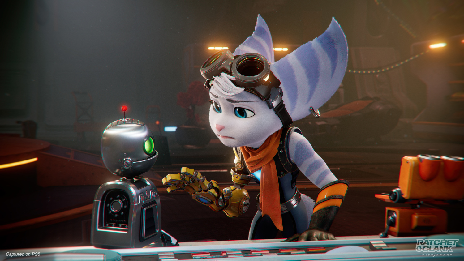 Animated characters from a video game. A robot and a female Lombax look at each other.