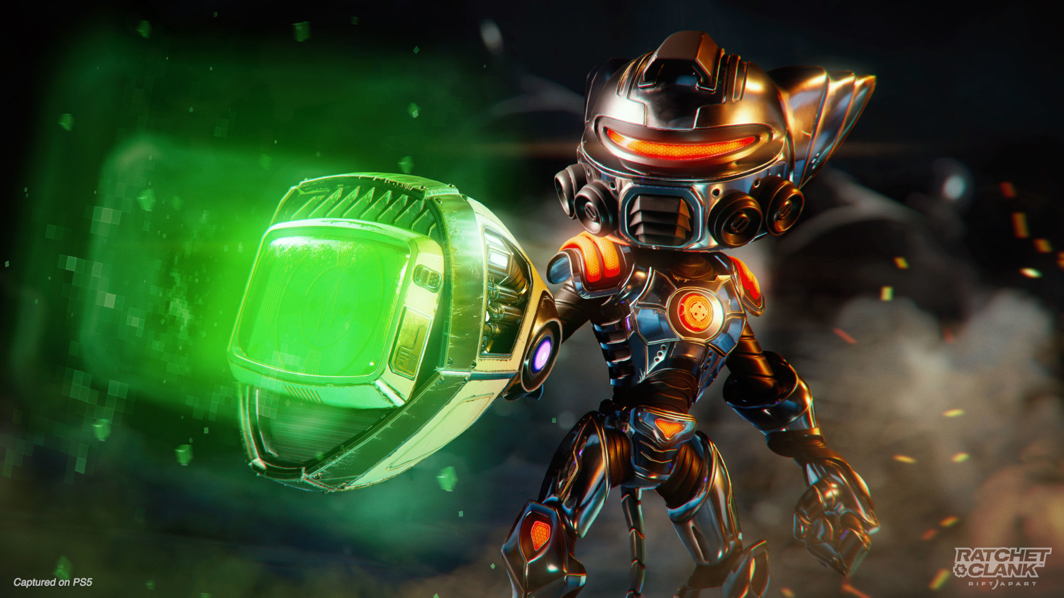 Robot from Ratchet & Clank, with a green screen weapon and in battle.