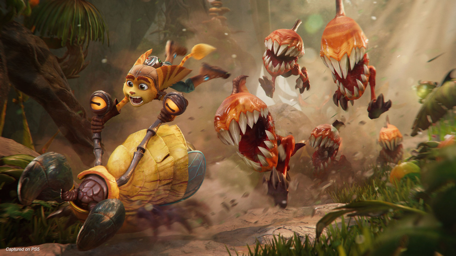 Ratchet riding a hovercraft, dodging monsters. Green foliage and blurred background.
