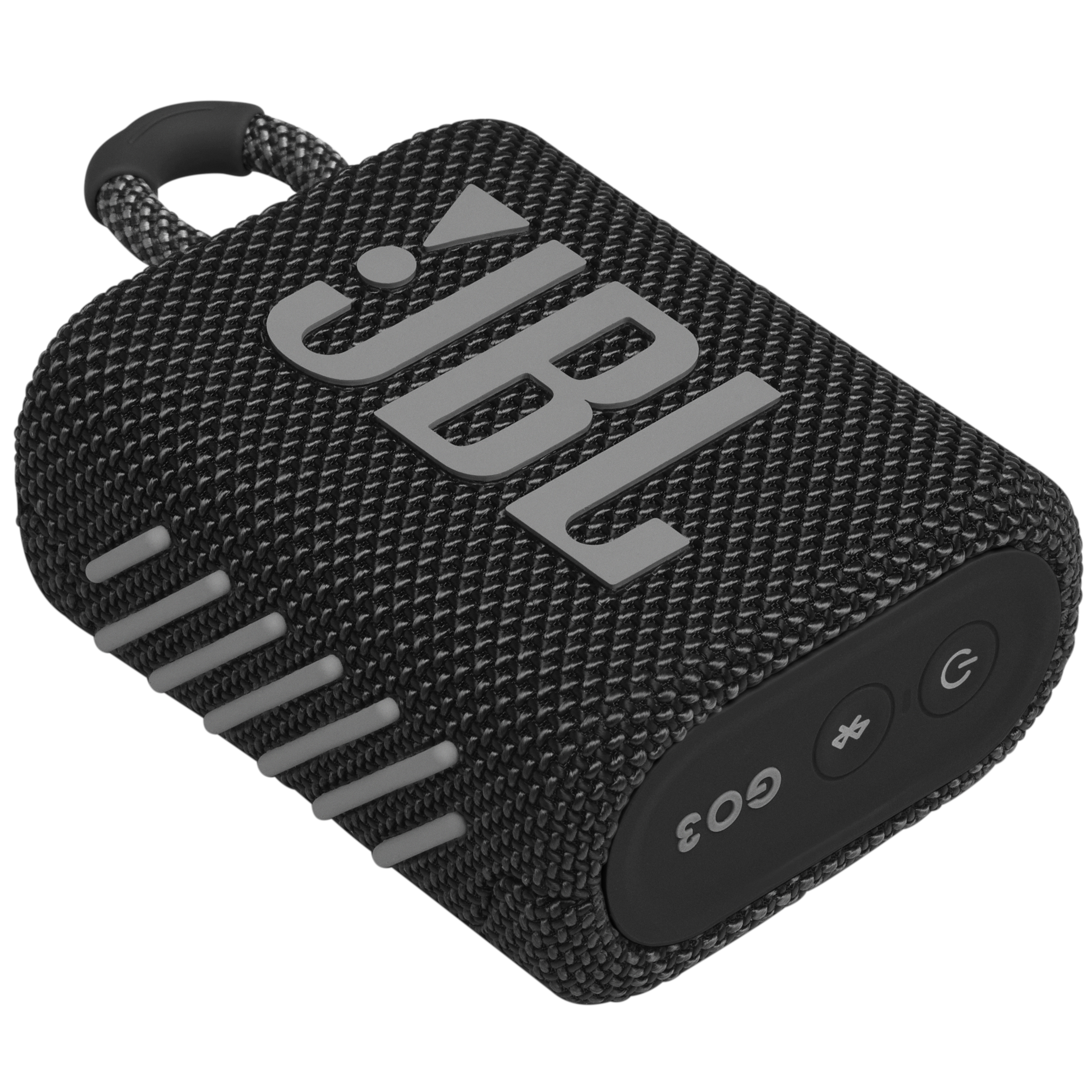 JBL logosu, düğmeleri ve taşıma halkası olan siyah bir JBL Go 3 hoparlör.