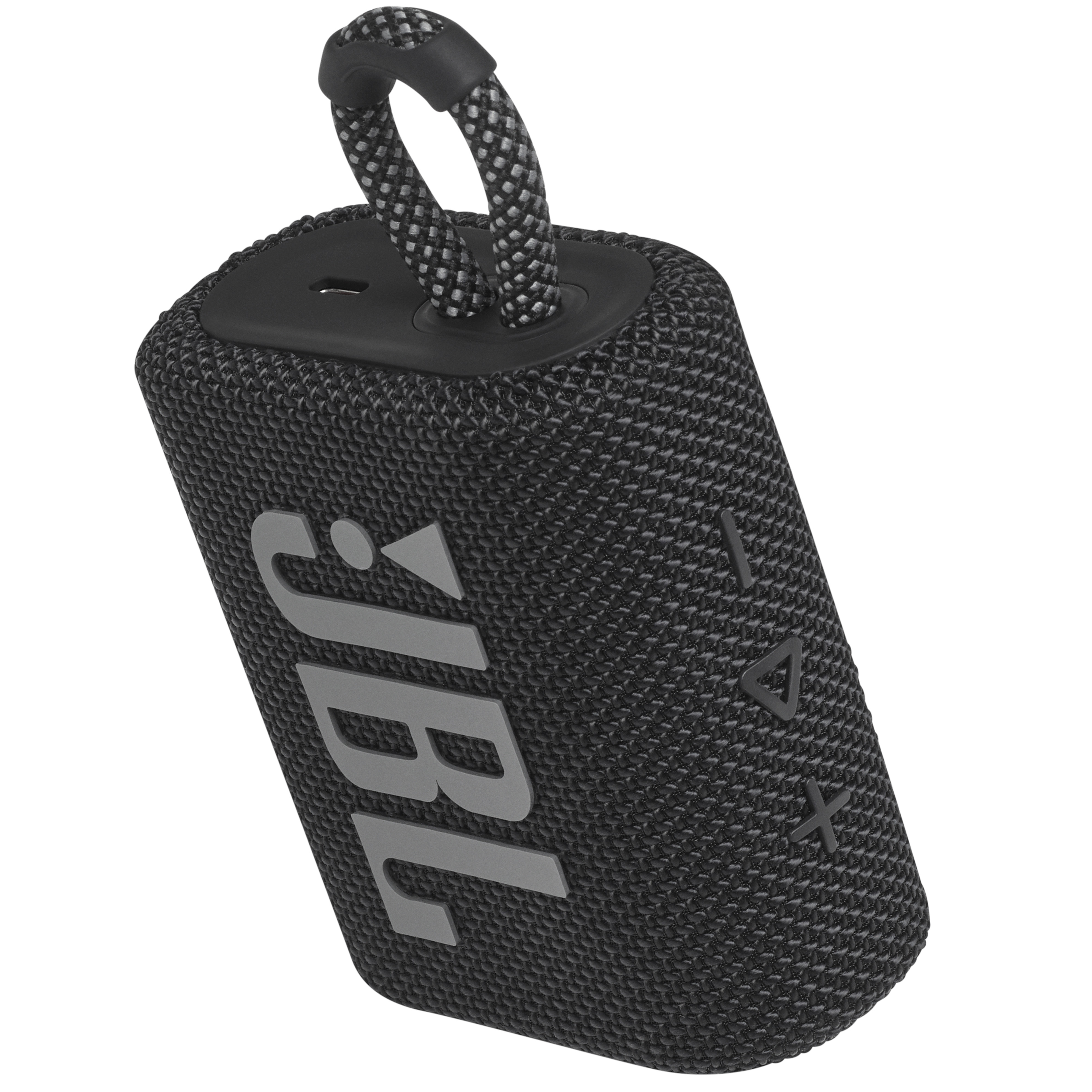 Gri JBL logosu, gri halka sapı ve kontrol düğmeleri olan siyah JBL hoparlör.