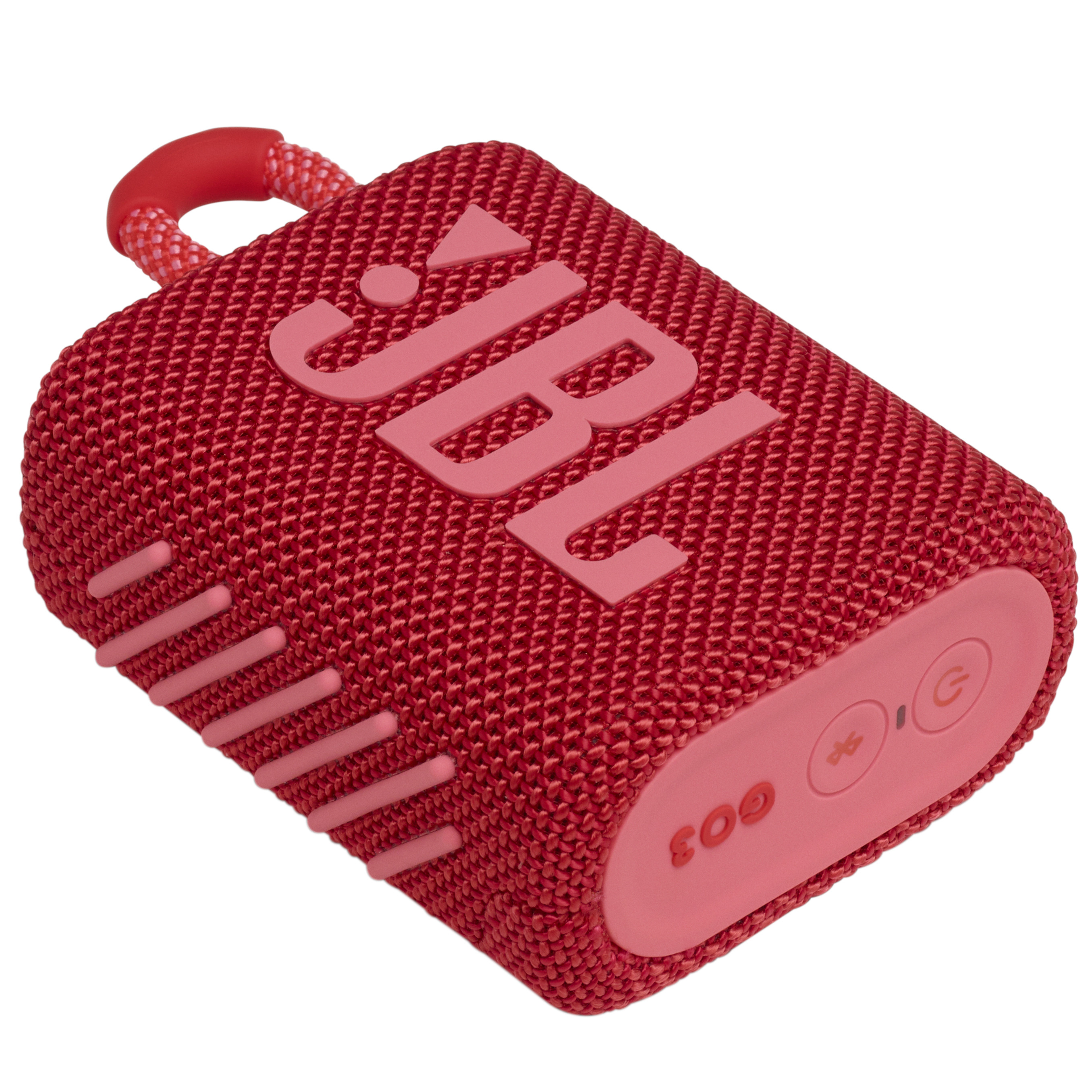 Kırmızı JBL hoparlör, kırmızı bir tutamağa sahip, JBL logosunu gösteriyor.