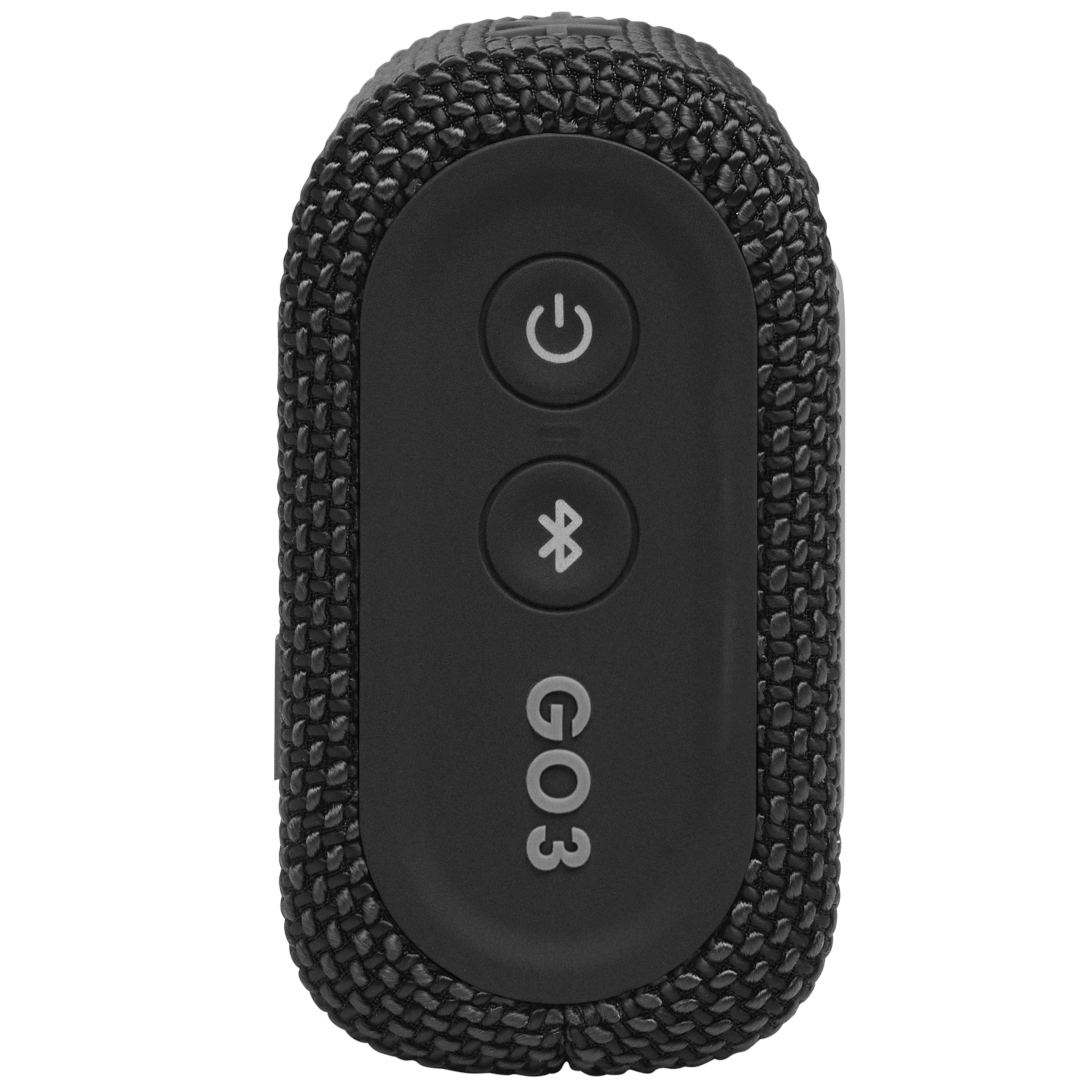 Güç düğmesi ve Bluetooth sembolü olan siyah, oval şeklinde taşınabilir bir hoparlör.