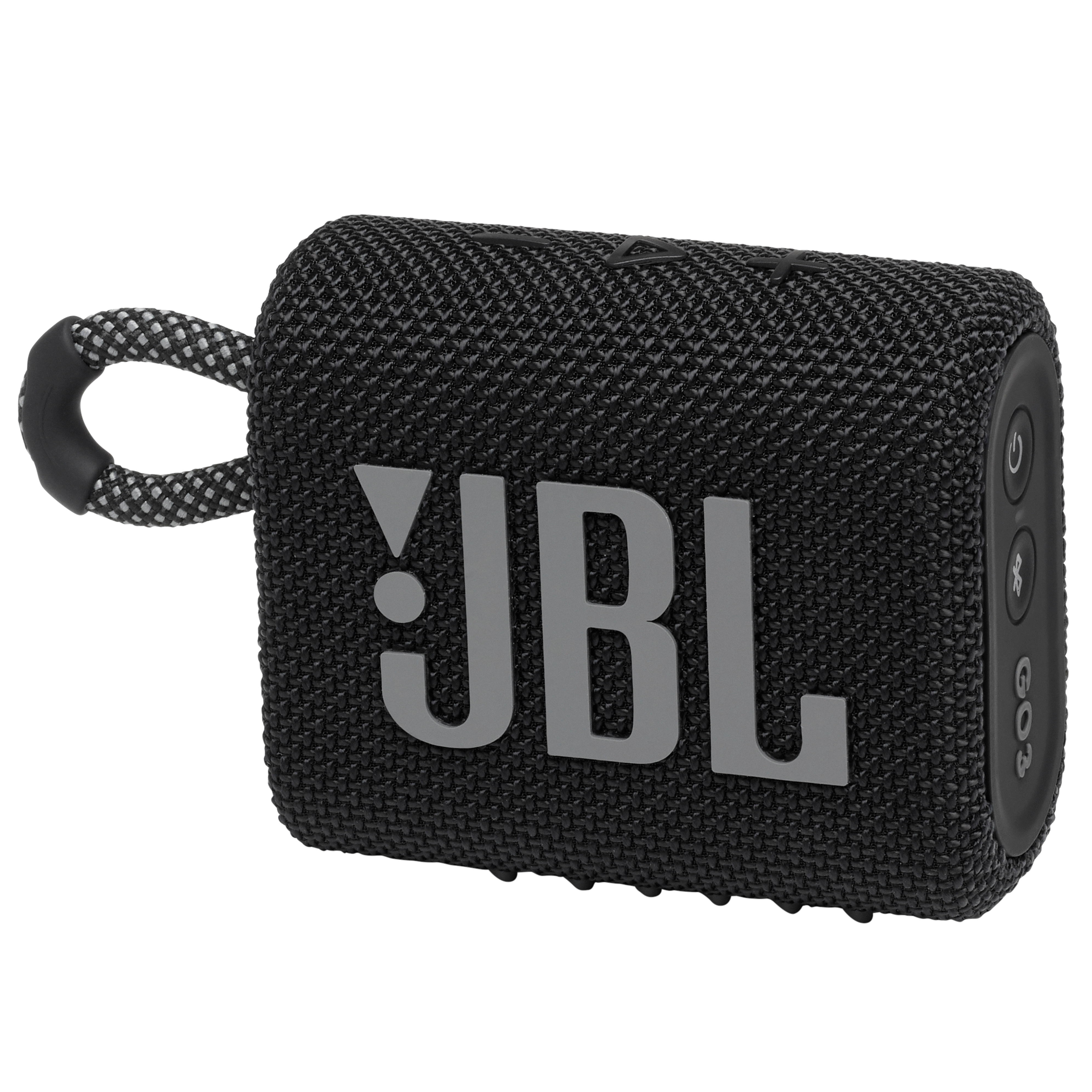 Gri detaylara sahip siyah JBL Go 3 hoparlör. Hoparlörün siyah ve gri bir kayışı var.