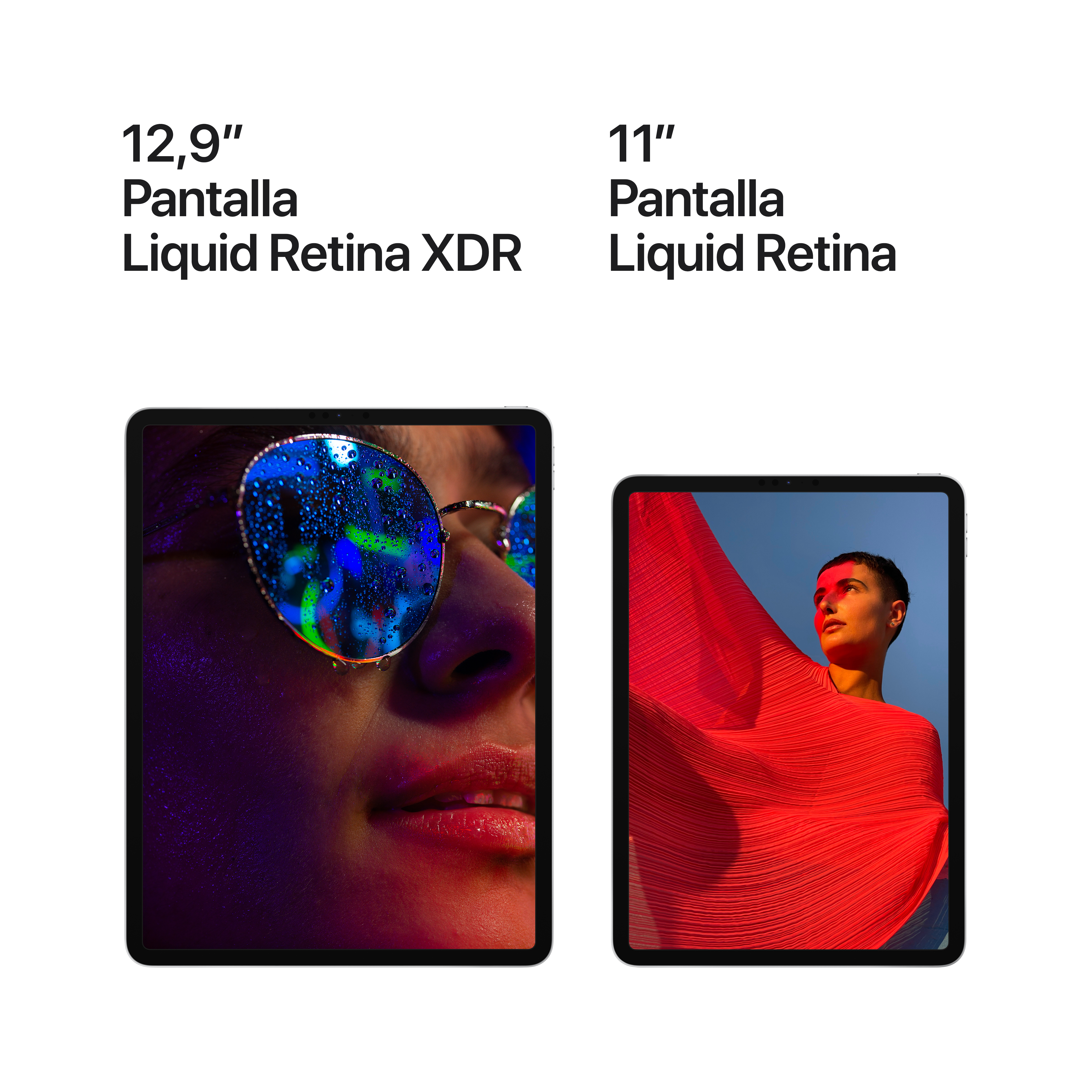 Dos iPads con diferentes tamaños de pantalla. Uno muestra a una persona con gafas coloridas, el otro a una persona con una tela roja.
