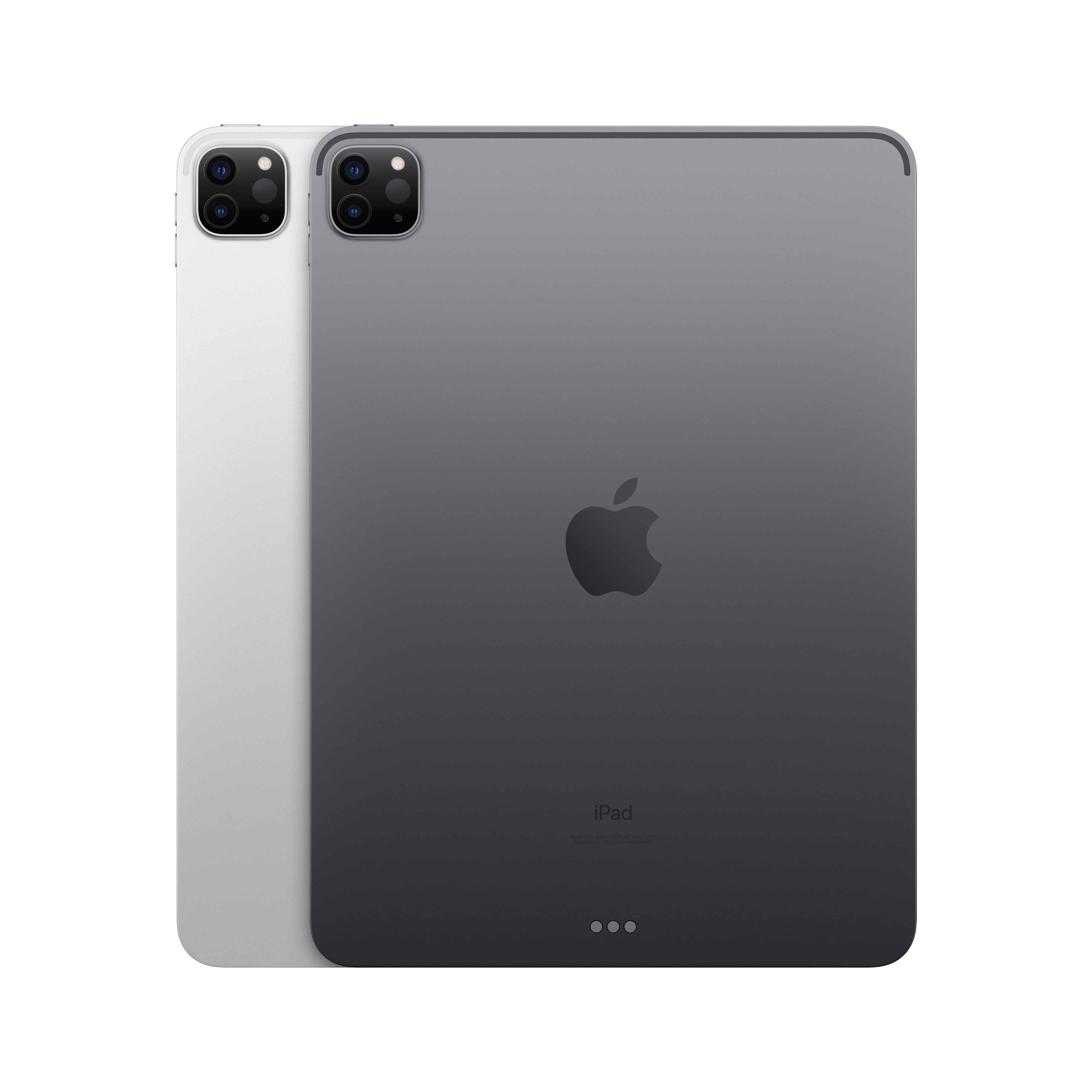 Dos iPads, uno plateado y otro gris oscuro, mostrando la parte trasera.