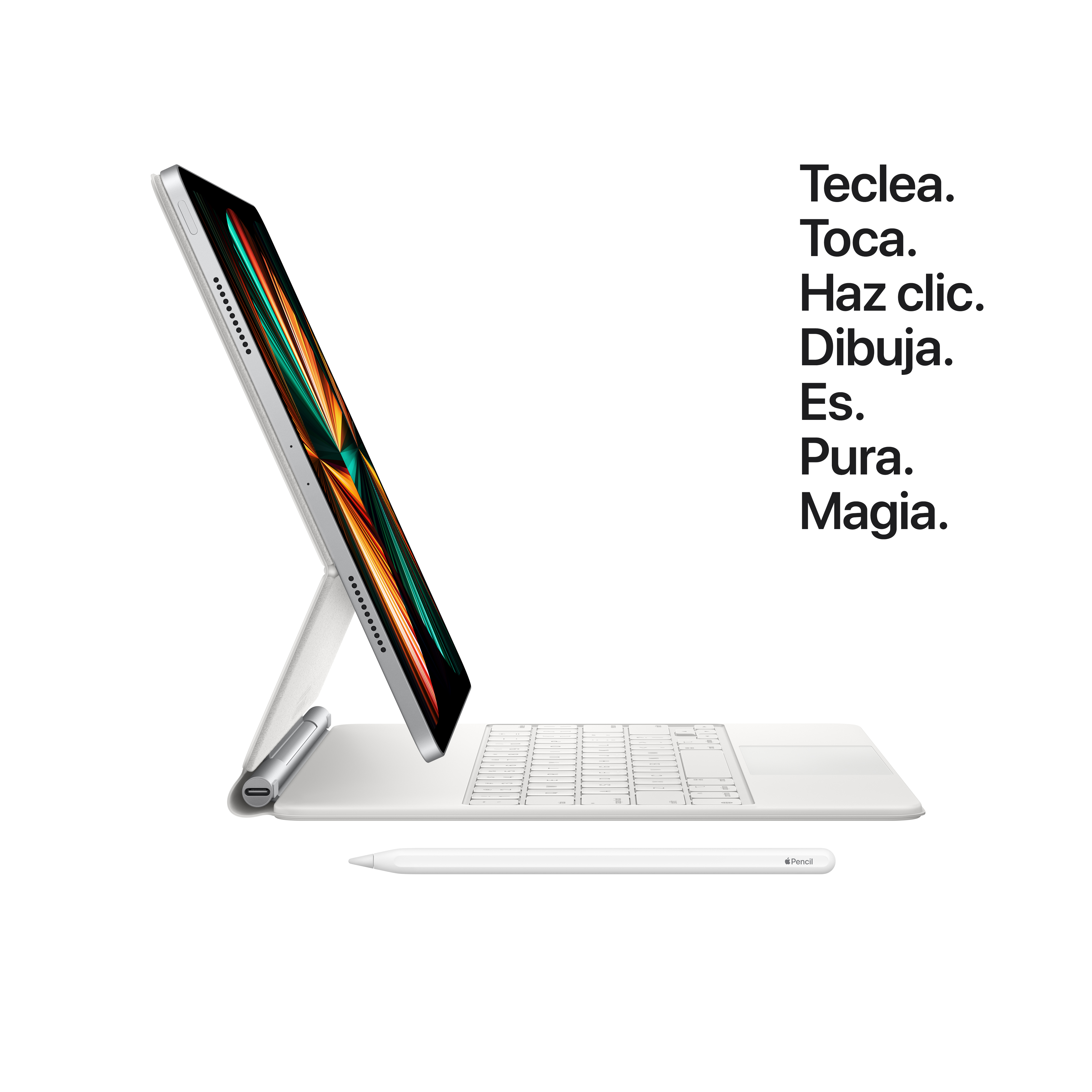 Tableta con teclado y lápiz óptico sobre fondo blanco con texto en español.
