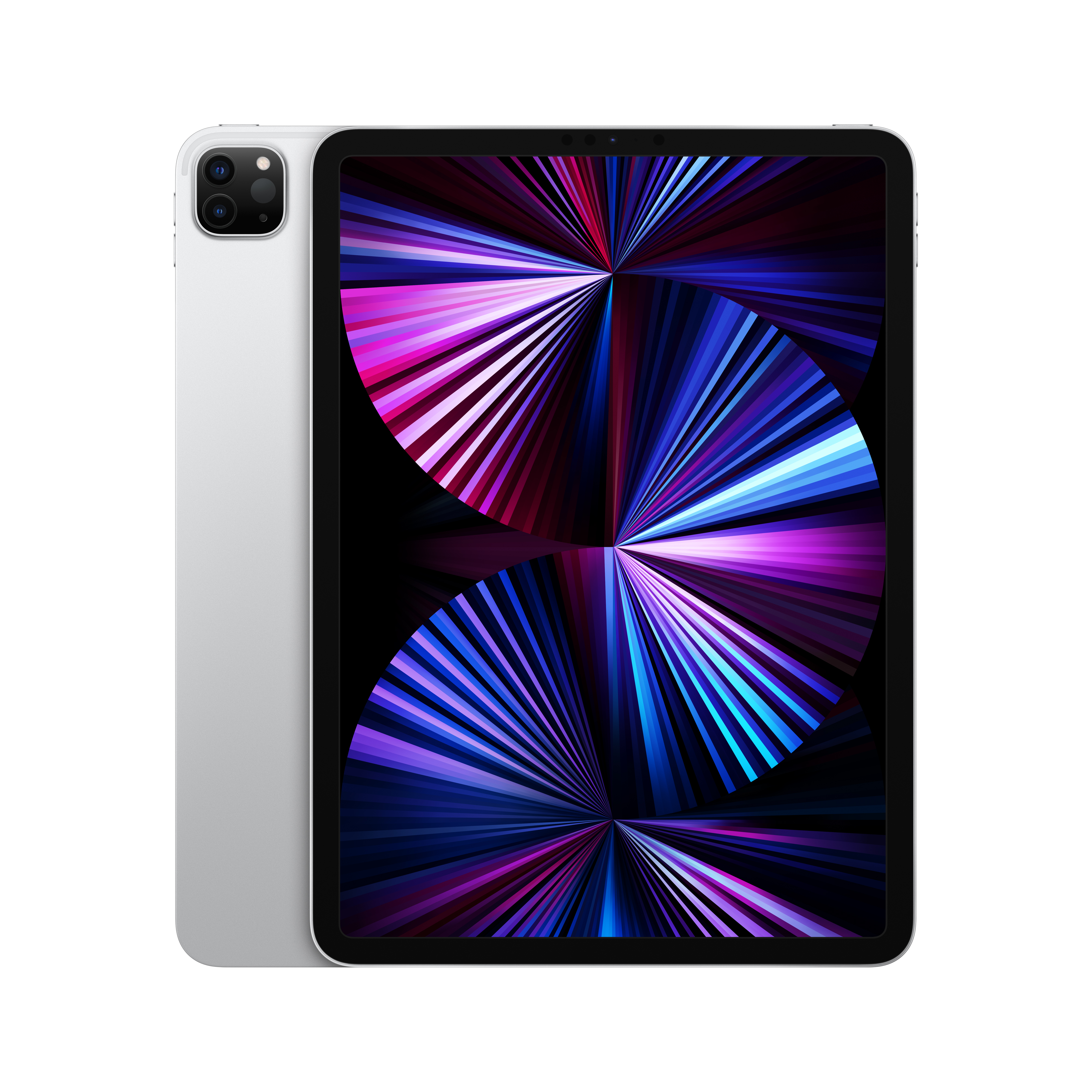 iPad Pro plateado, mostrando arte abstracto colorido en la pantalla. Vista lateral muestra el diseño elegante.