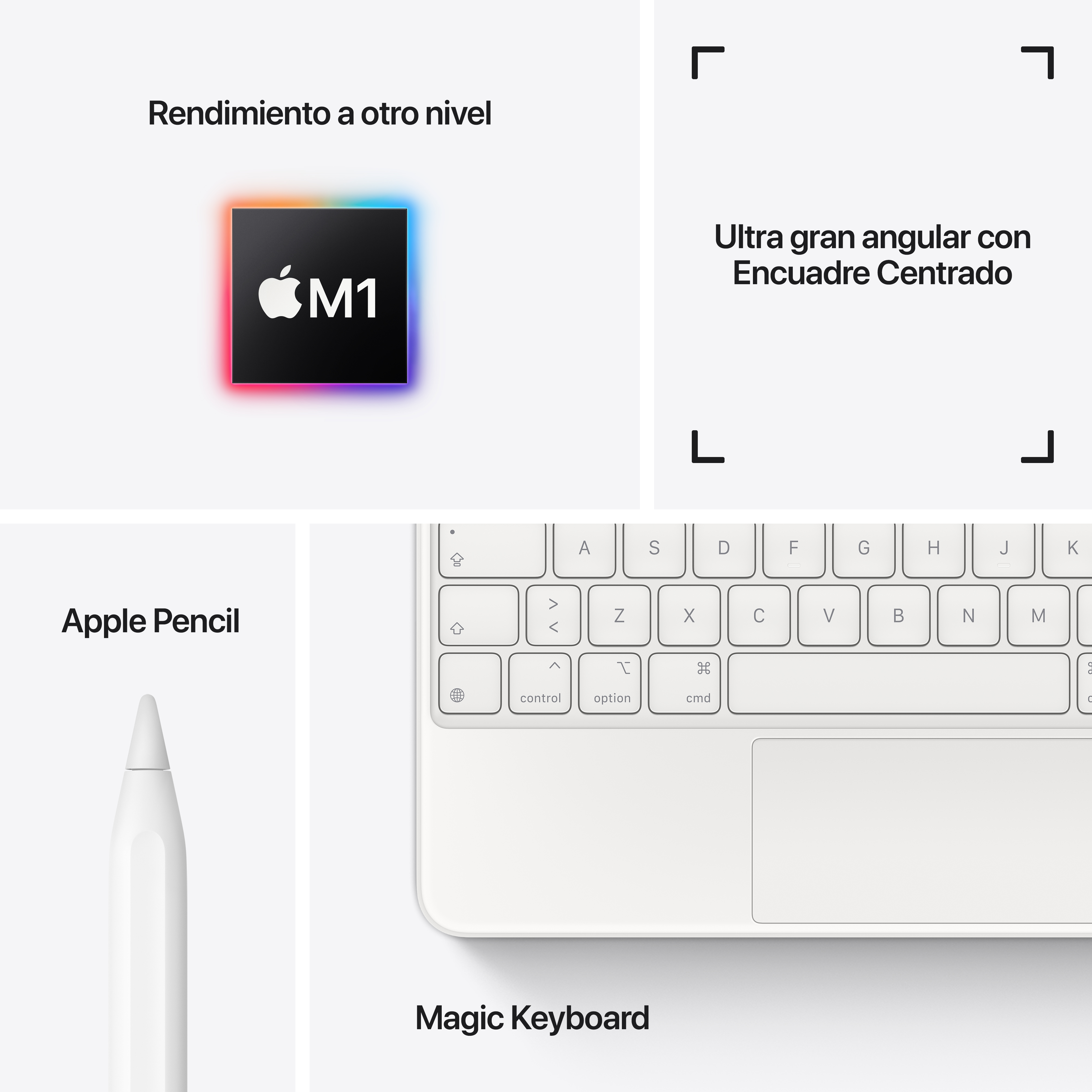 Dispositivos Apple: chip M1, Apple Pencil y Magic Keyboard, con texto descriptivo.