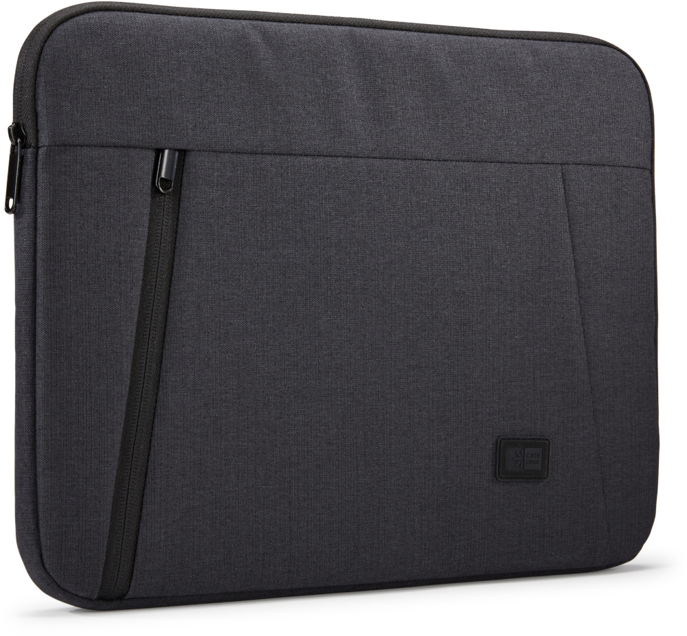 Zwarte laptoptas. Het heeft een rits en een klein logo.