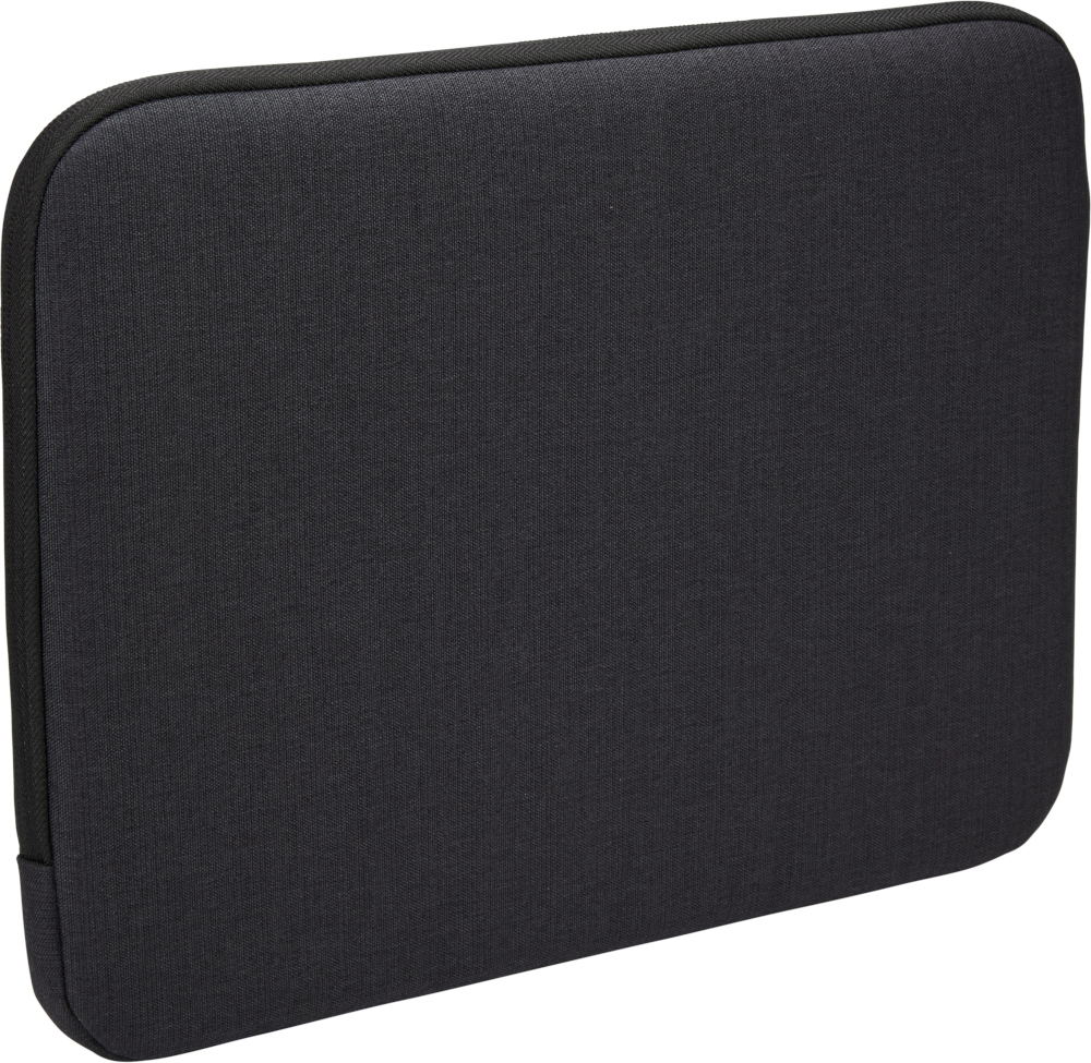 Zwarte laptoptas. De hoes is rechthoekig en heeft een glad oppervlak.